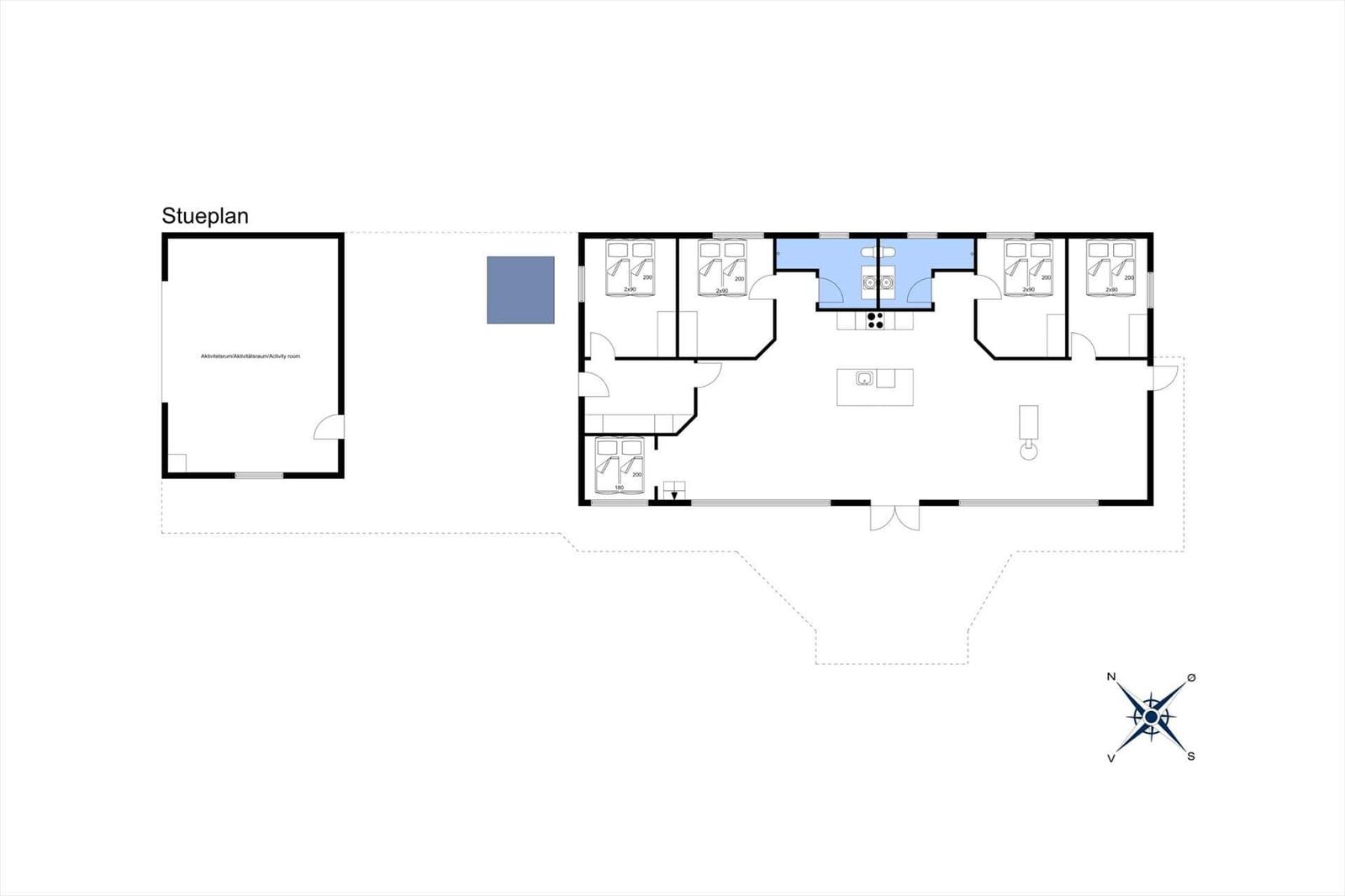 Stueplan zeigt vier Schlafzimmer, eine Küche und einen Aktivraum.