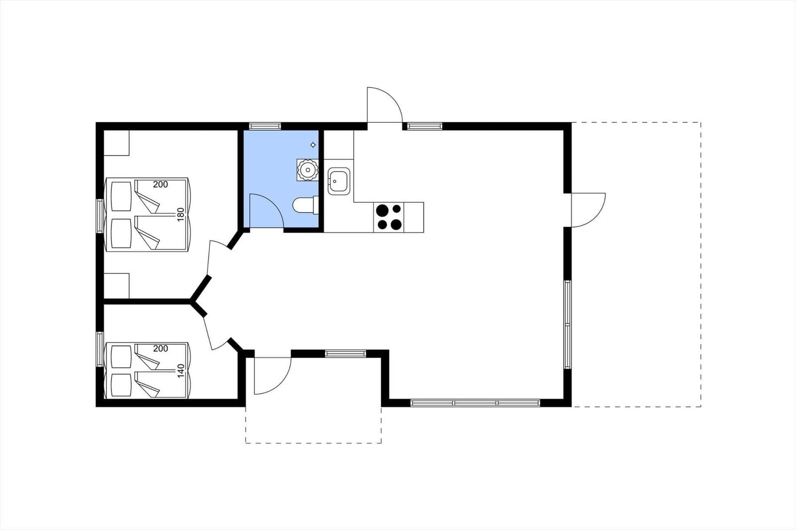 Zwei Schlafzimmer, Küche und Bad in einer Wohnung.