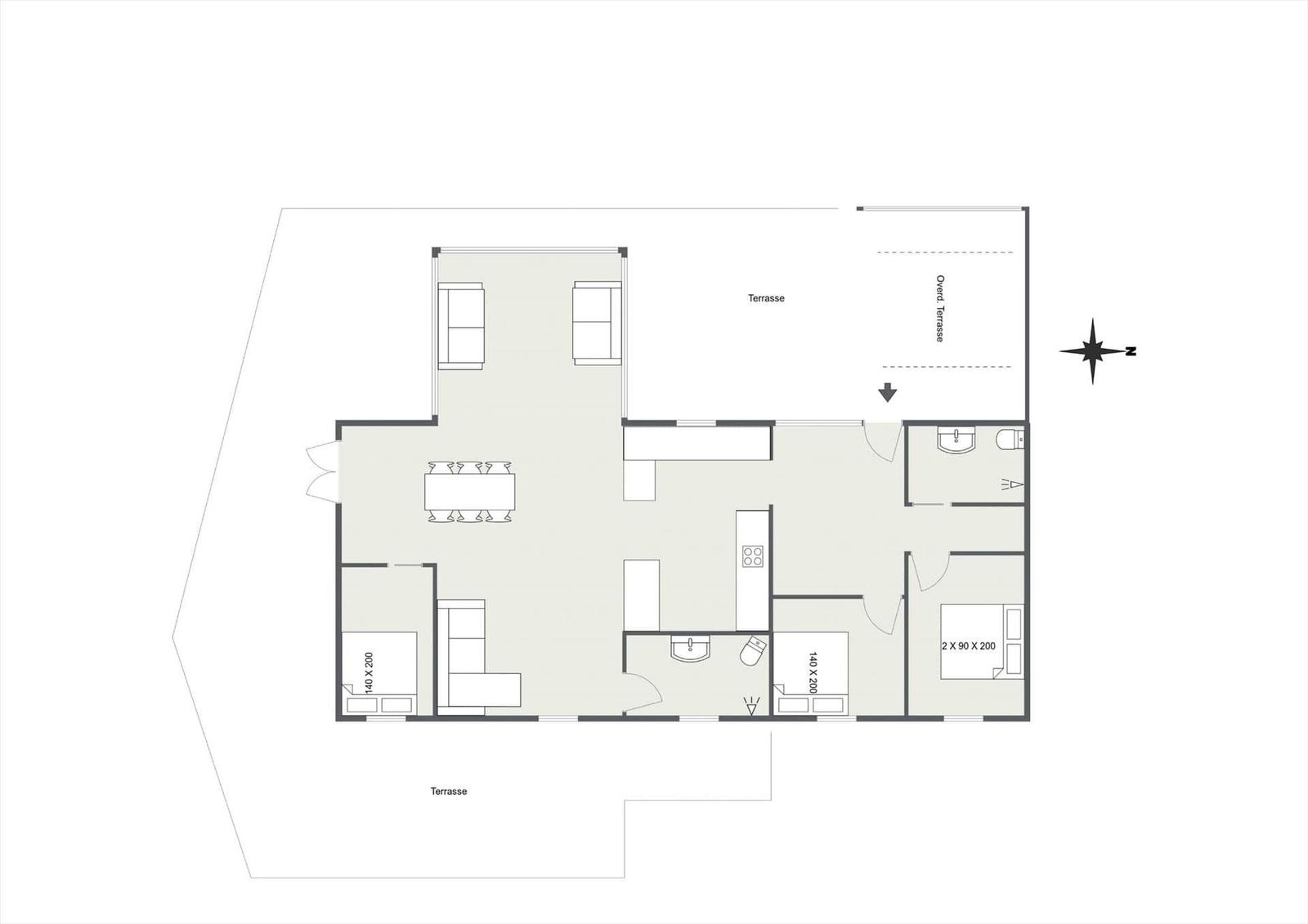Dieses Apartment hat zwei Schlafzimmer, eine Küche, ein Bad und eine Terrasse.