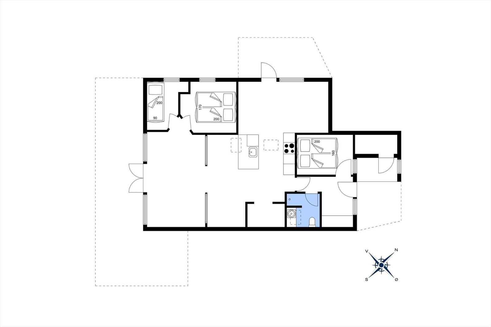 Wohnung mit drei Schlafzimmern, Küche und Bad.