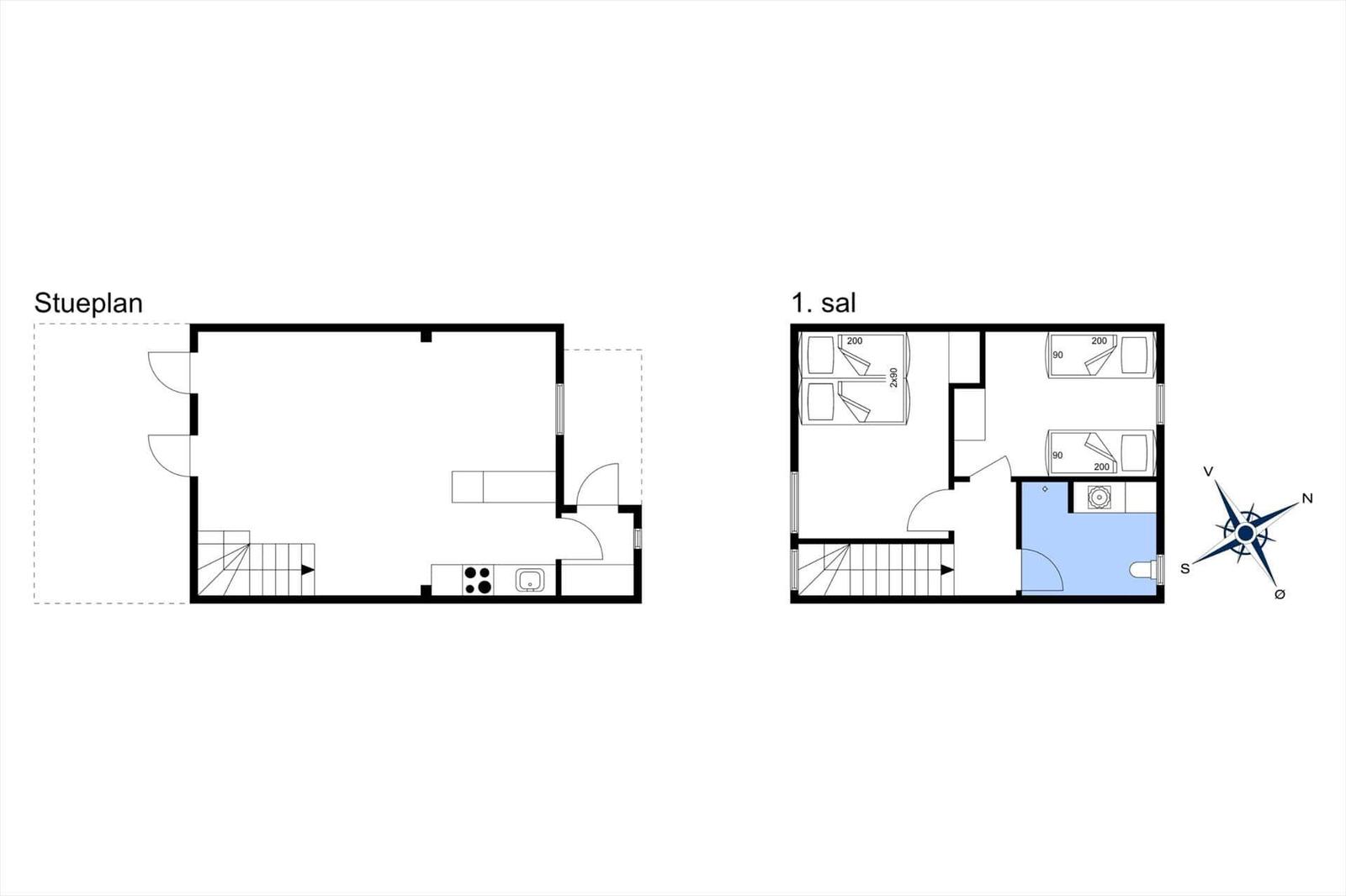 Stueplan zeigt Küche und Treppenhaus. 1. Sal mit drei Schlafzimmern und Bad.