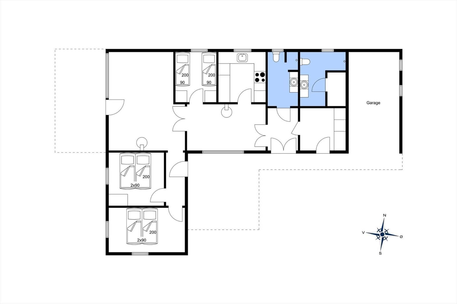 Gesamtplan mit Schlafzimmern, Küche, Bad und Garage.