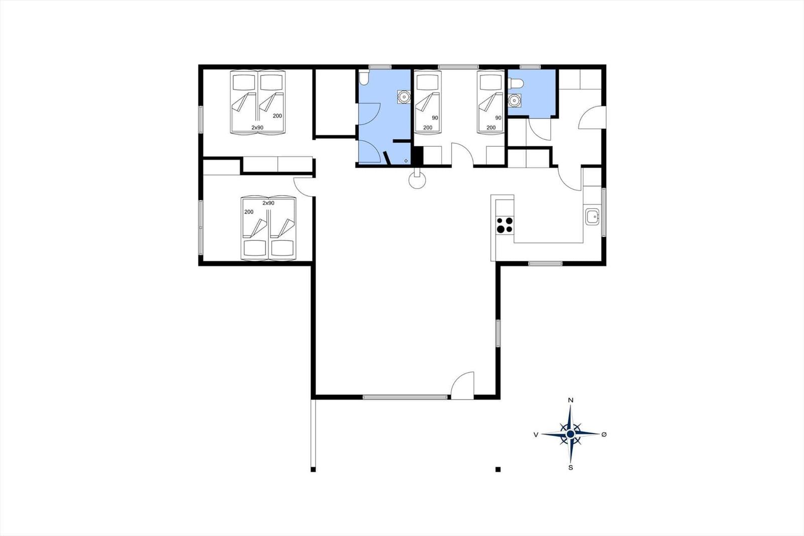 Dieses Apartment hat drei Schlafzimmer, eine Küche und ein Bad.