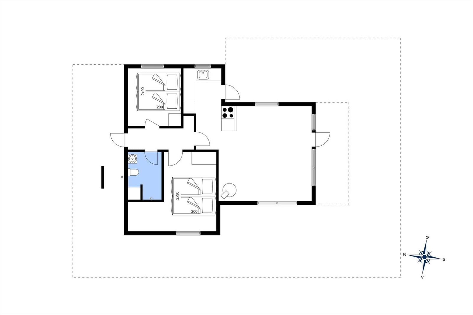 Zweizimmerwohnung mit Küche, Bad und Toilette. Raumübersicht mit Kompass.