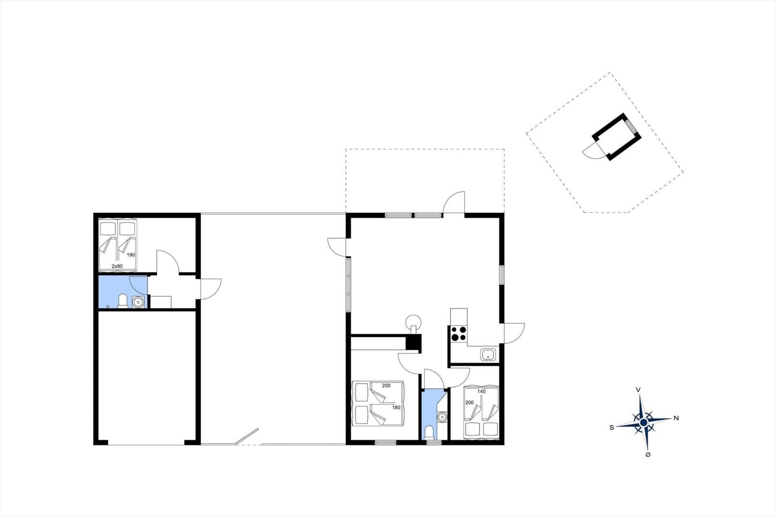 Wohnung mit zwei Schlafzimmern, Küche und Bad. Grundriss mit Orientierung.