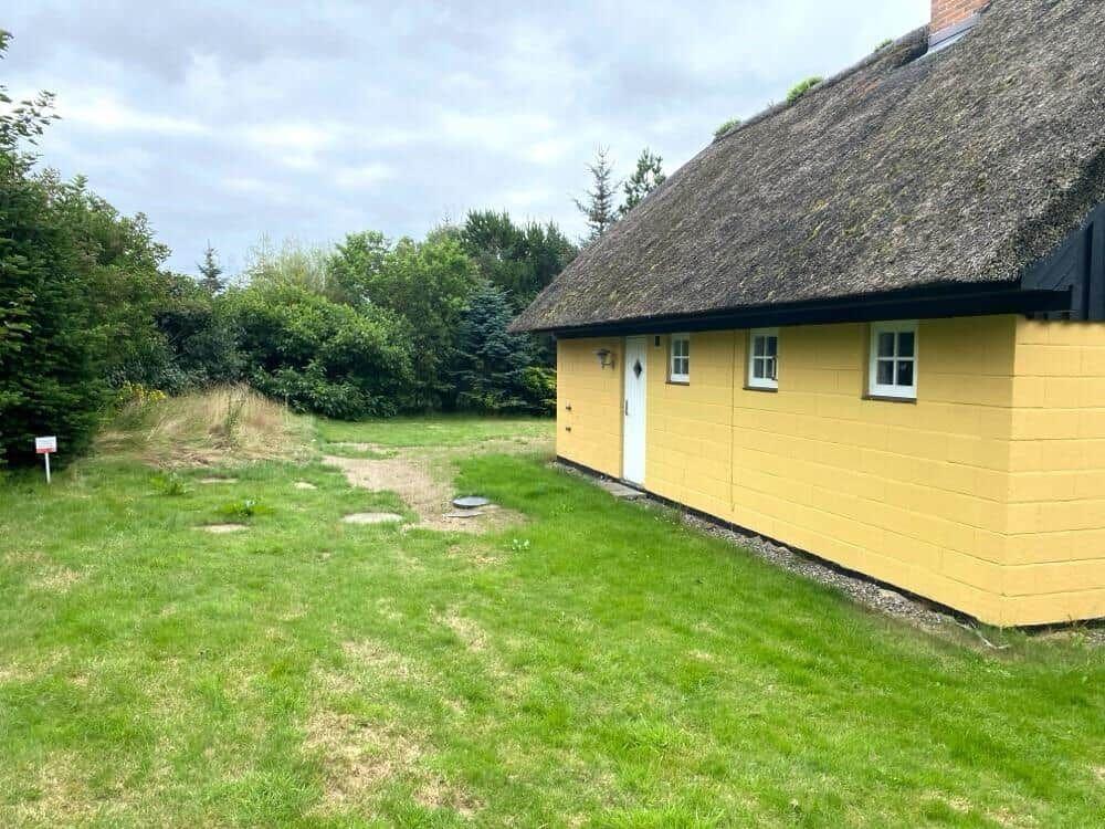 Gelbes Haus mit Strohdach und grünem Garten