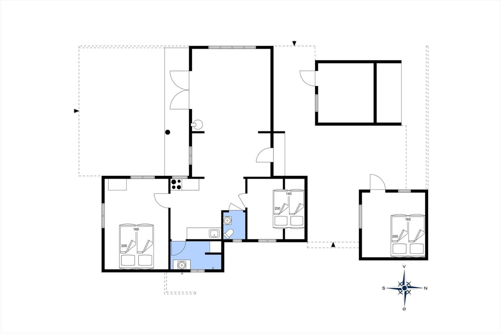 Apartment with three bedrooms, kitchen, and bathroom. Hallway with staircase.