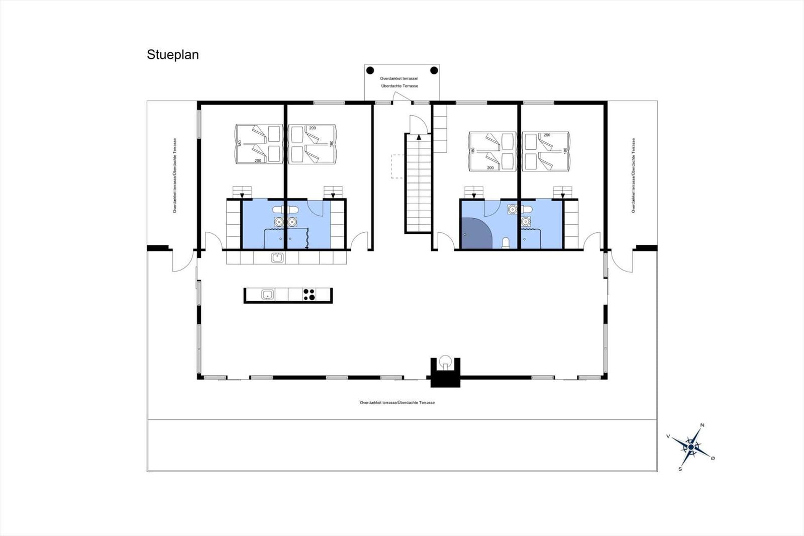 Stueplan zeigt zwei Schlafzimmer, Küche, Bad und überdachte Terrasse.