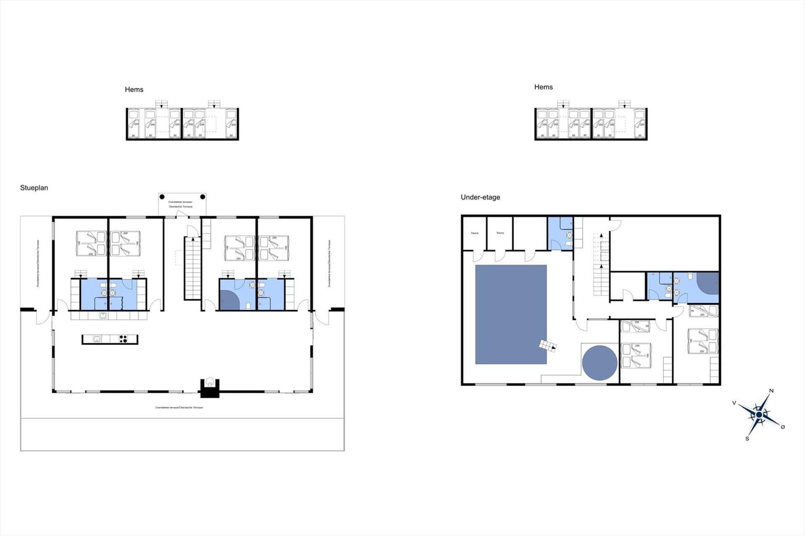 Grundriss zeigt Wohnbereich, Schlafzimmer und Bad auf zwei Etagen.