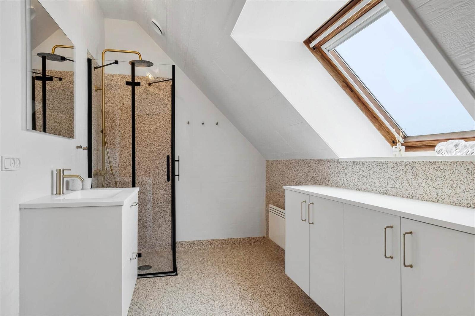 Badezimmer mit Dusche, Waschbecken und Dachfenster.