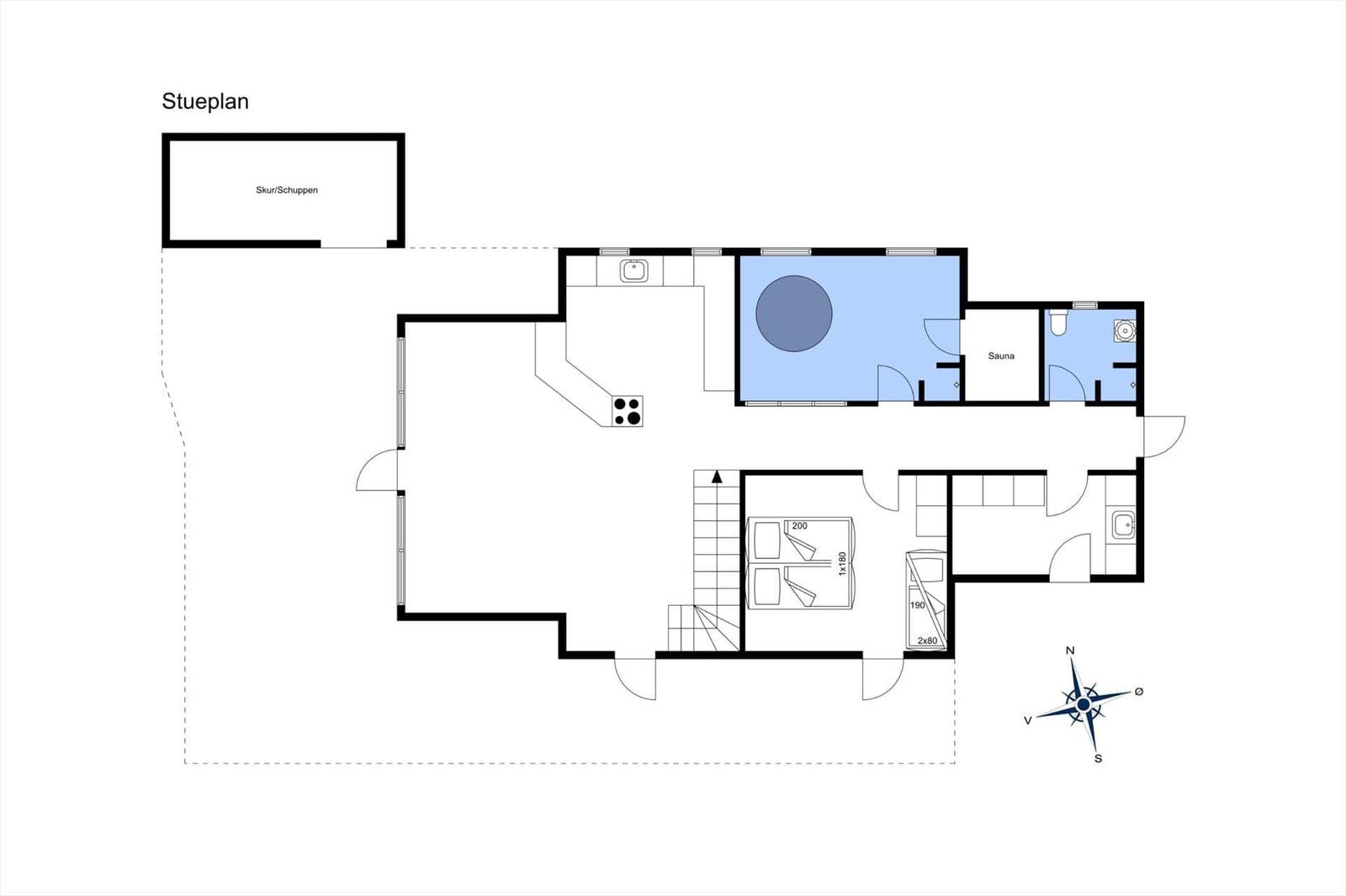 Stueplan zeigt Wohnfläche mit Sauna, Küche und Schlafzimmer.