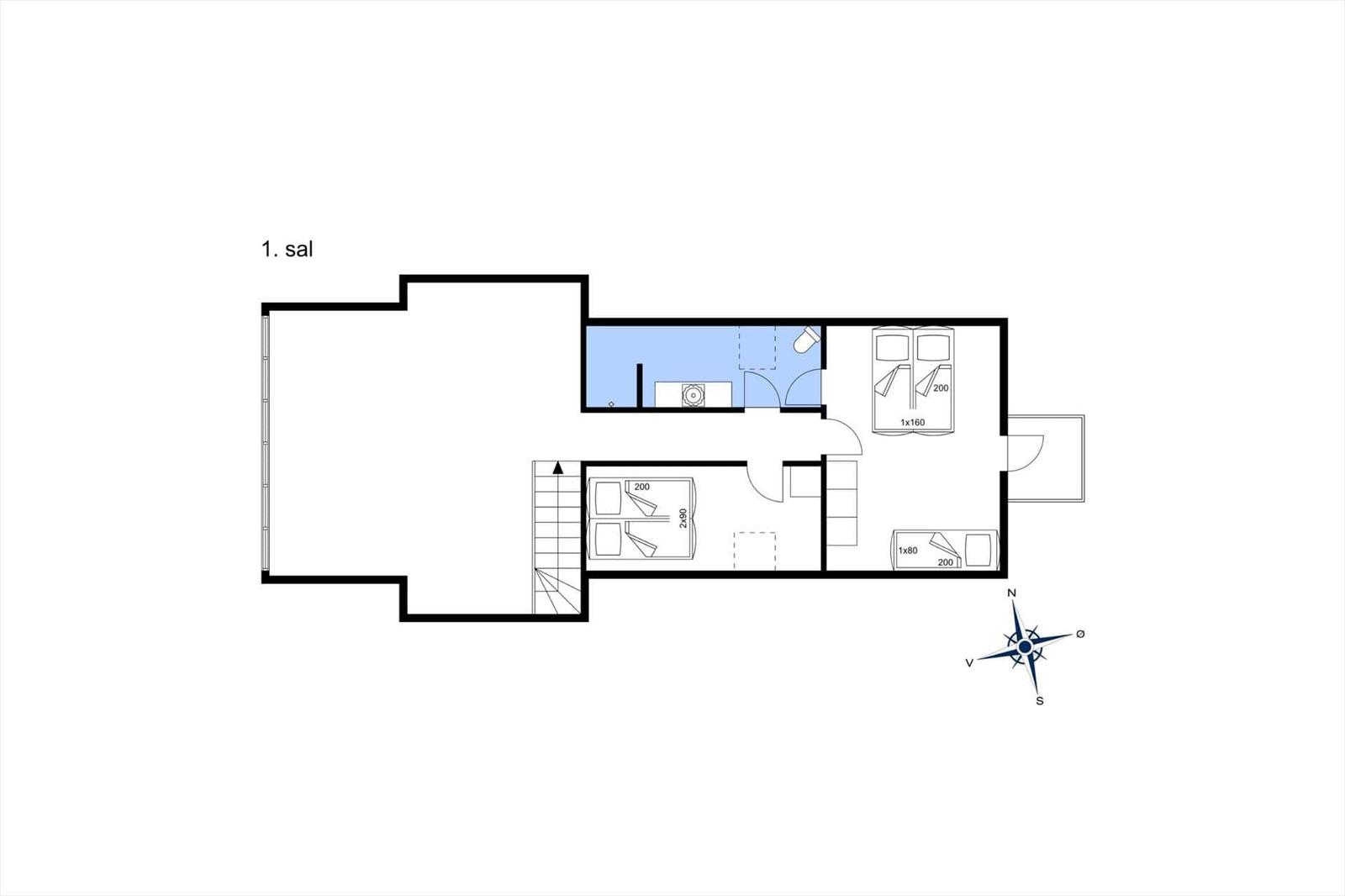 Erdgeschossplan mit Schlafzimmer, Küche und Bad