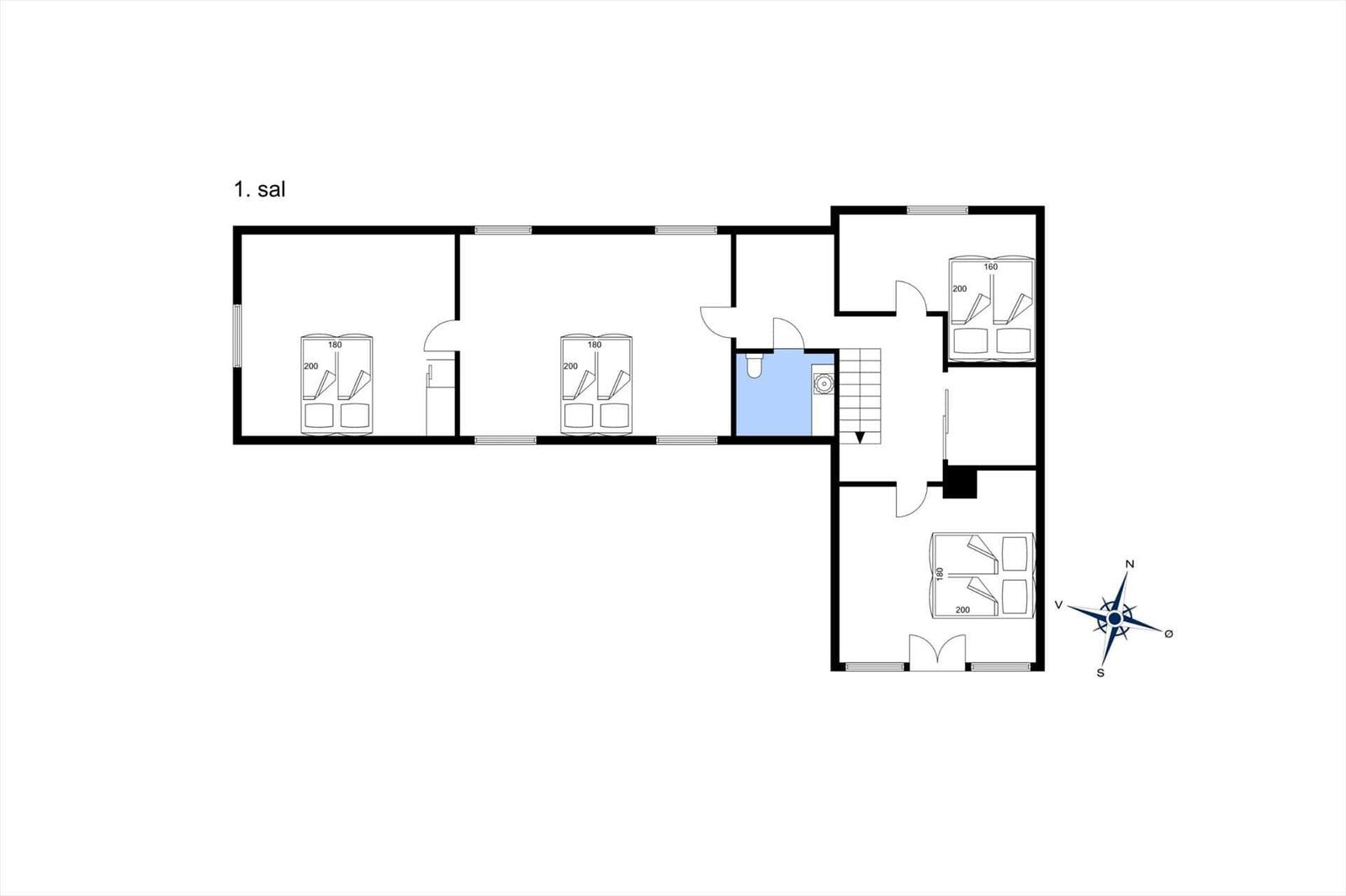 Ground floor plan with bedrooms, bathroom, and stairs.