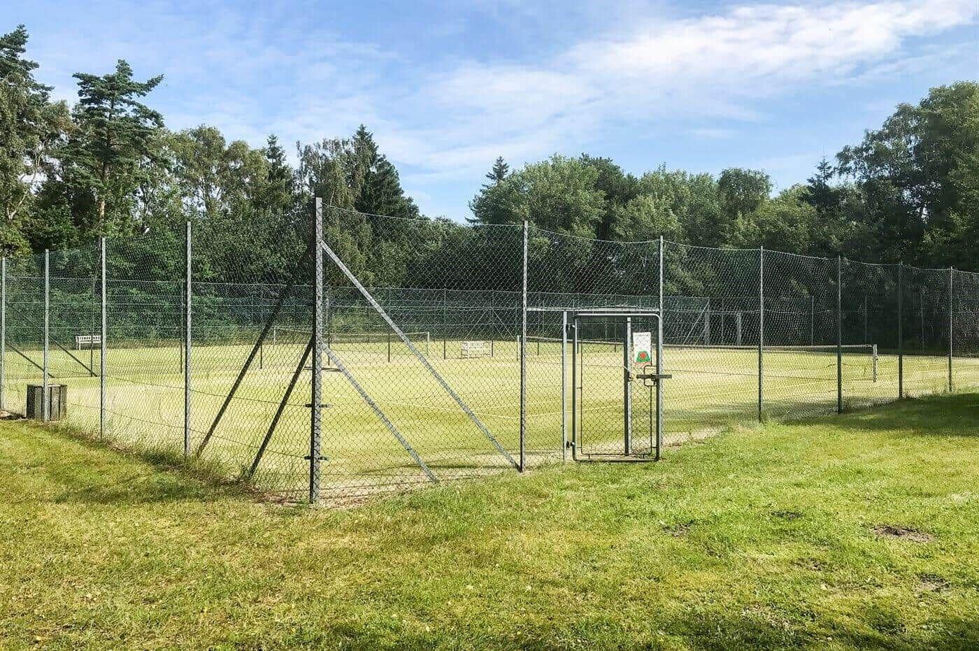 Fenced tennis court with entrance gate and green surroundings.