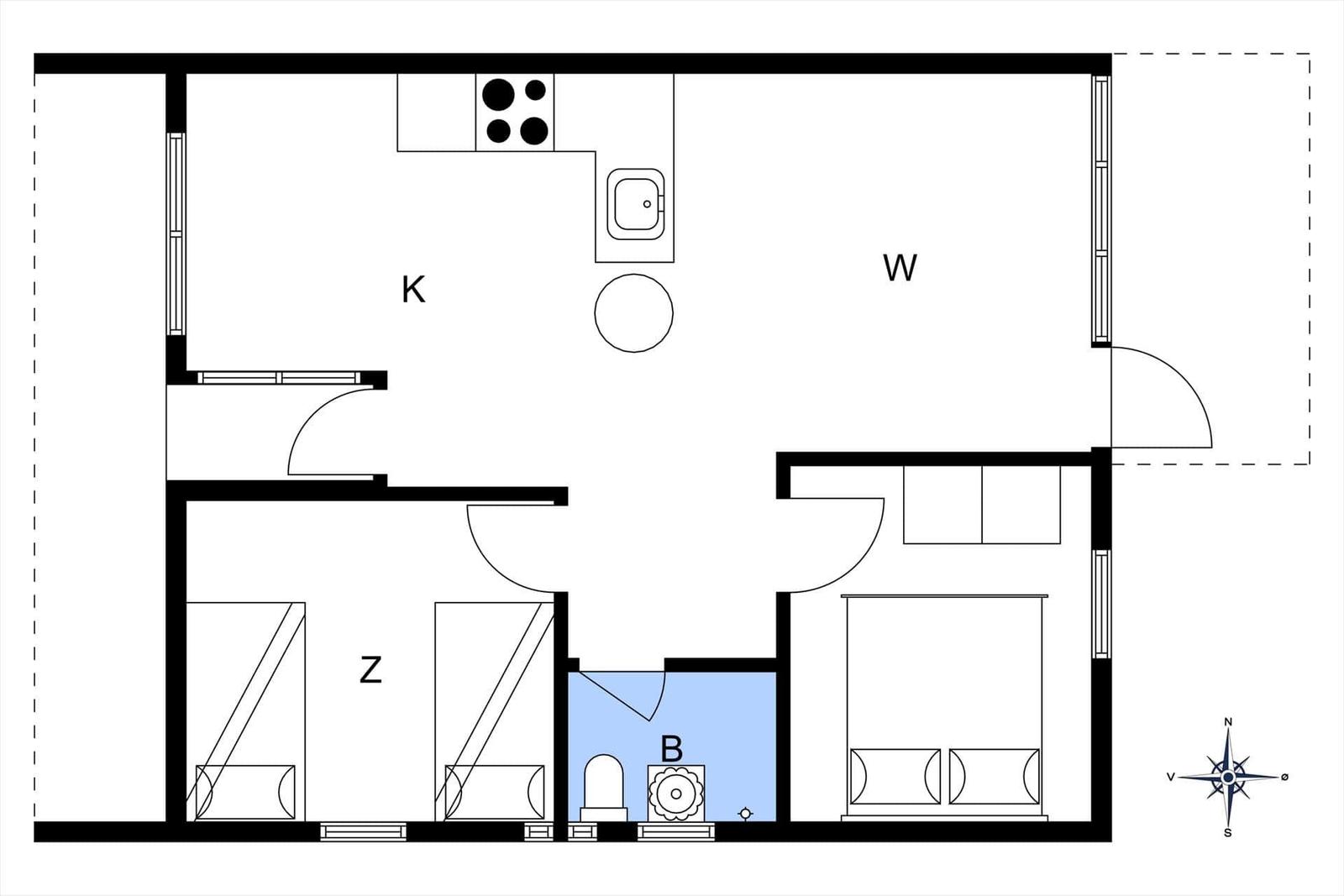 Apartment with kitchen, living room, bedroom, and bathroom.