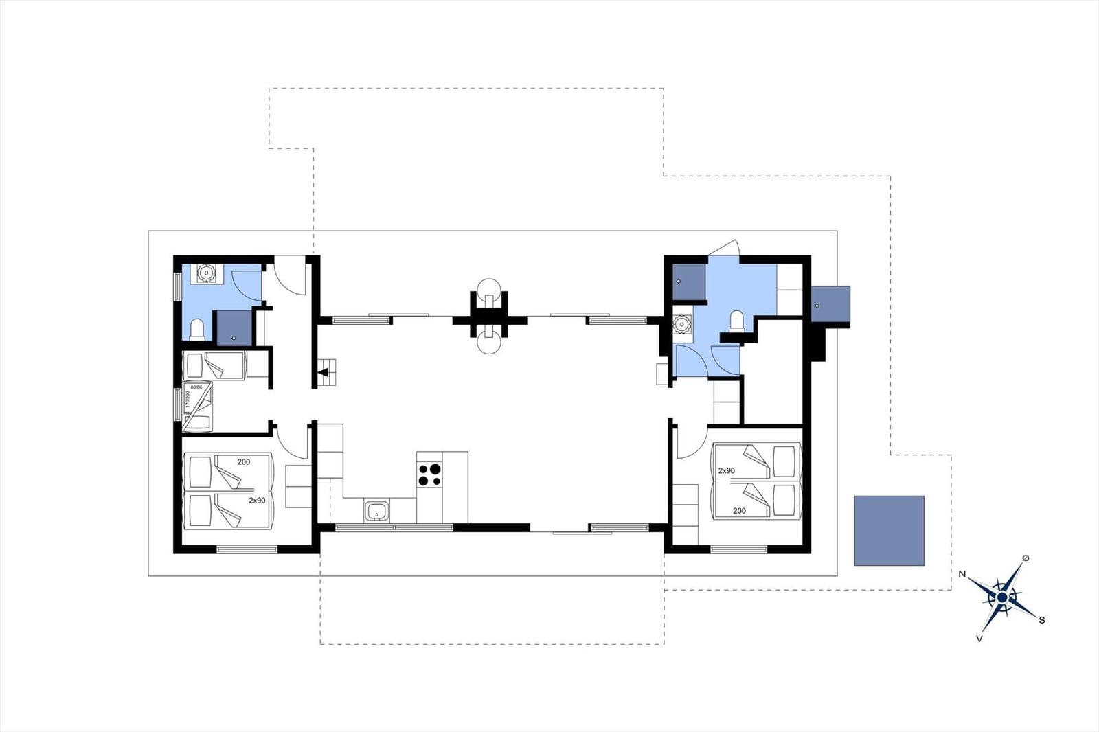 Apartment with two bedrooms, kitchen, and bathroom. Hallway with table and chairs.