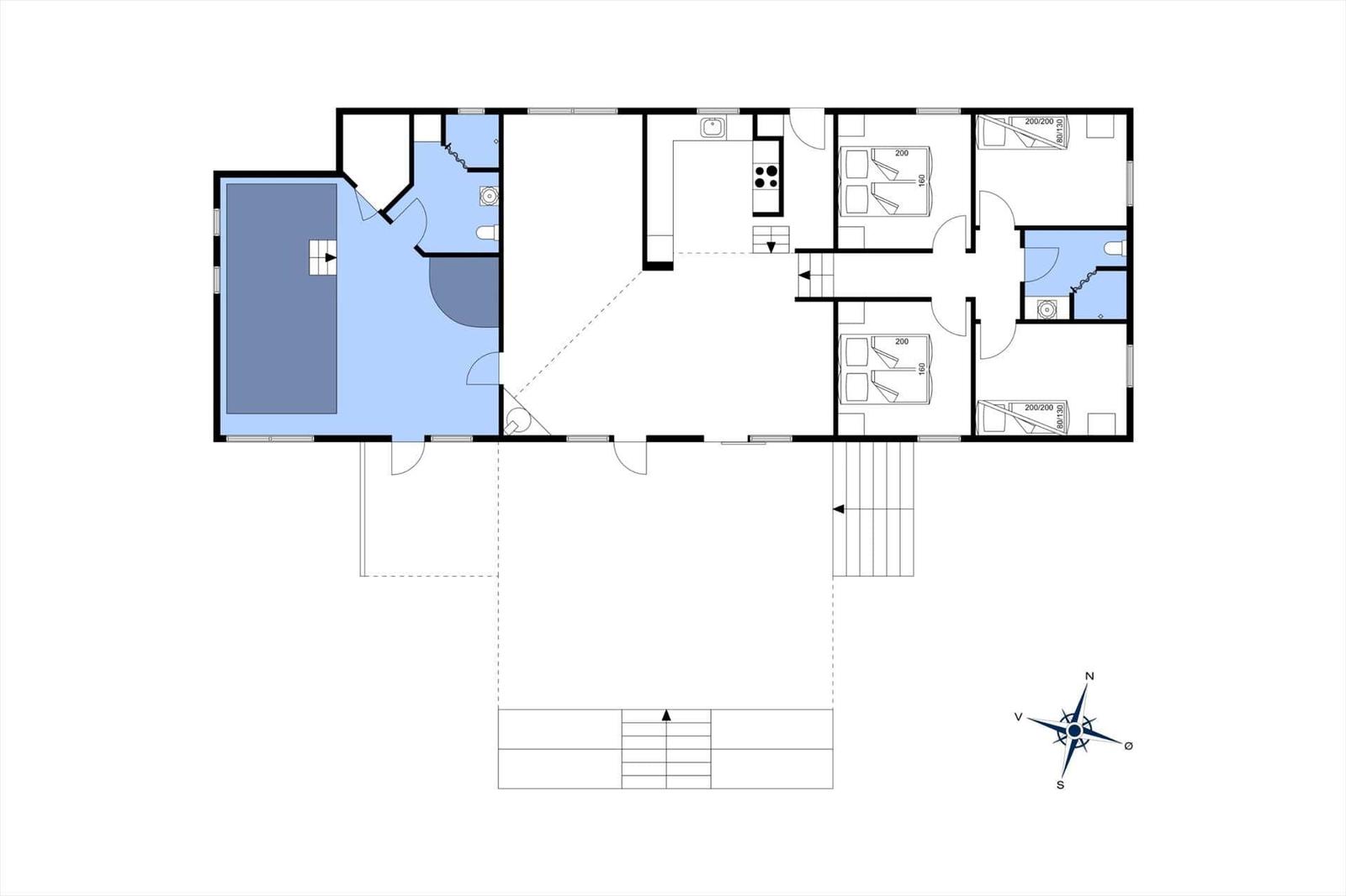 Floor plan with bedrooms, kitchen, and bathroom
