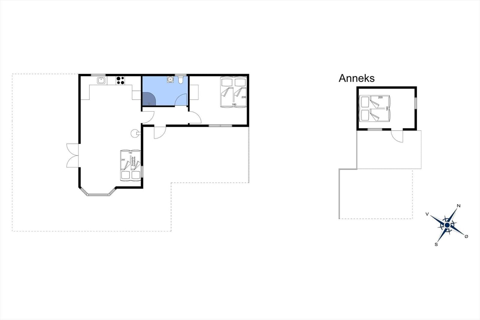 Wohnung mit Küche, Bad und zwei Schlafzimmern. Anhang mit einem Schlafzimmer.