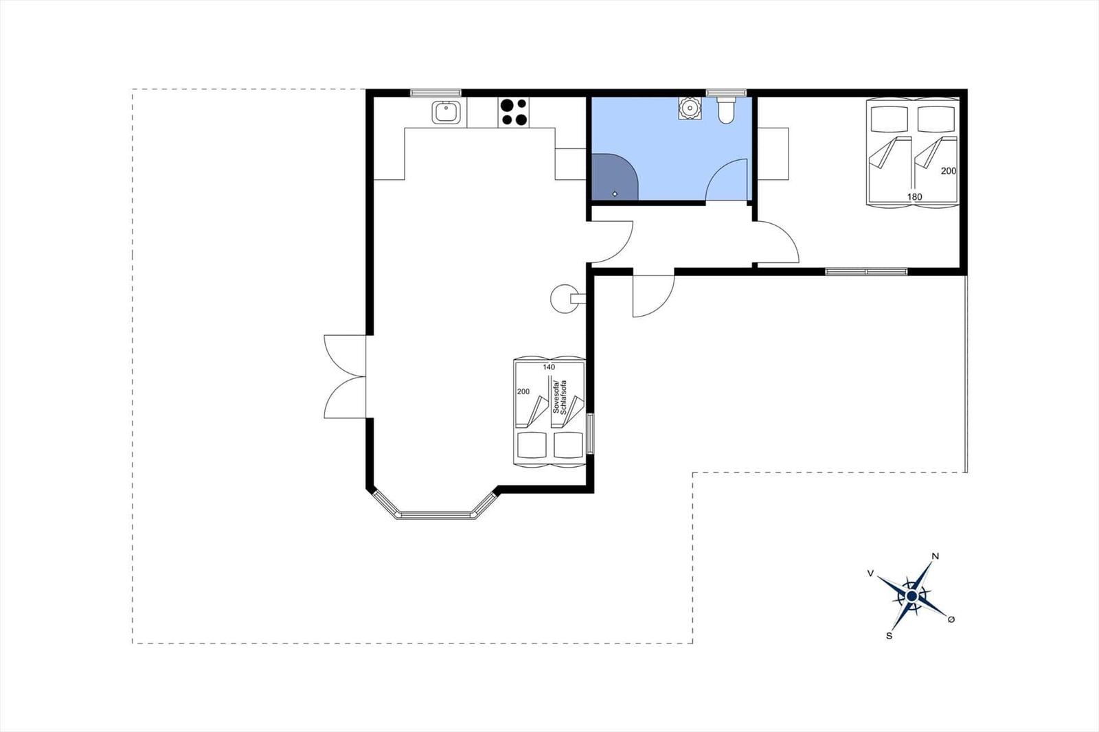 Wohnung mit Küche, Bad und Schlafzimmer mit Schlafcouch.