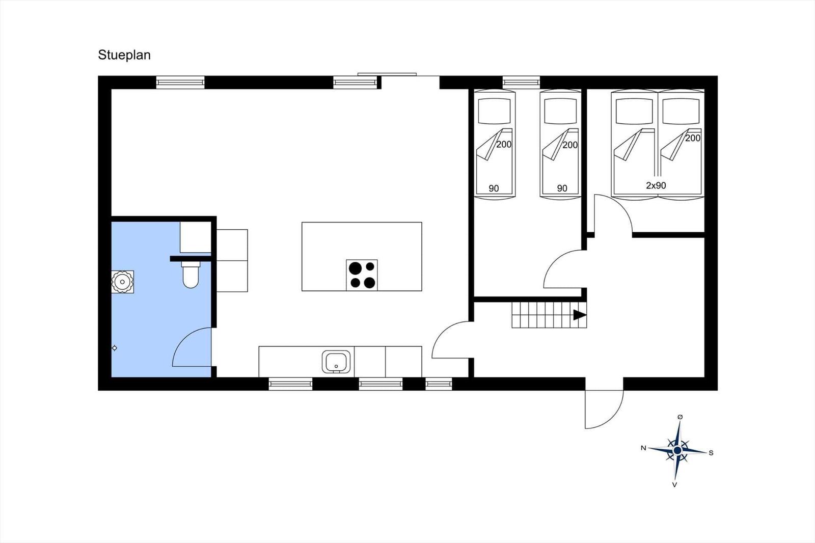 Stueplan zeigt Küche, Bad, drei Schlafzimmer und Treppenhaus.
