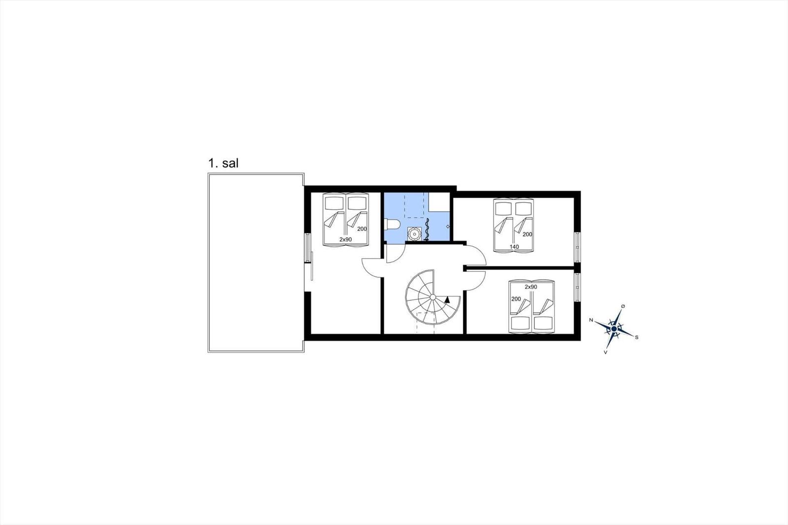 Ground floor plan with three bedrooms, bathroom, and spiral staircase.