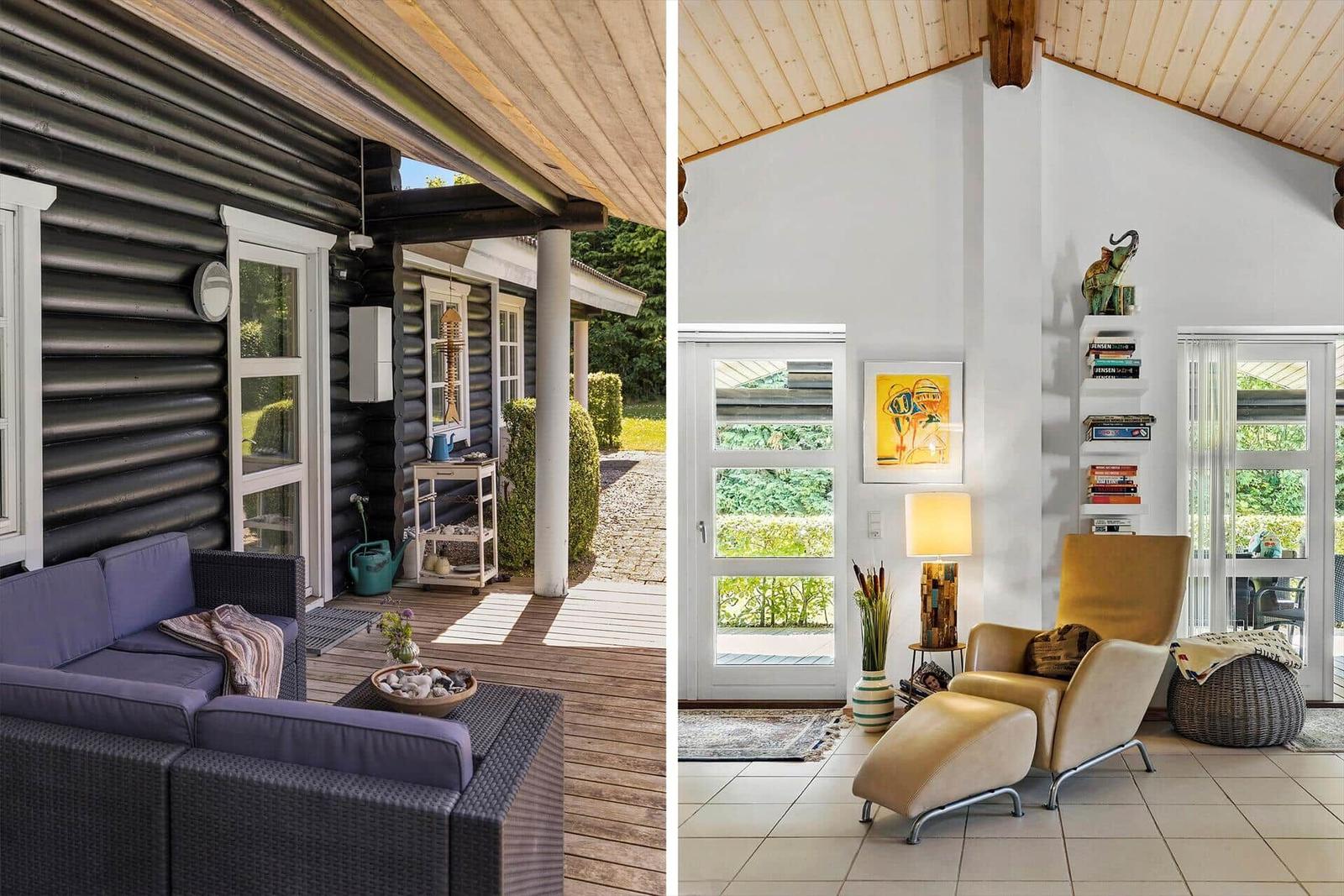 Außenbereich mit Sofa und Terrasse. Innenraum mit Sessel und Fenstern.