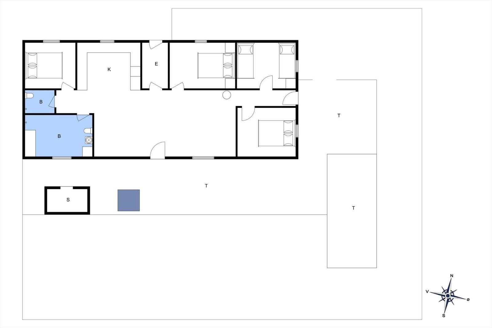 Geschossplan zeigt Wohn- und Schlafzimmer mit Bad und Terrasse.