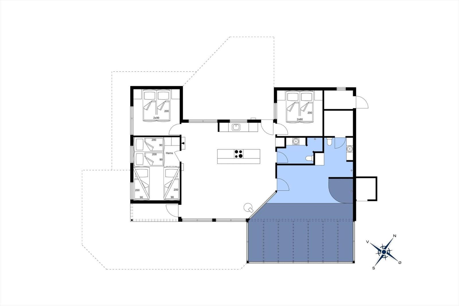 Grundriss einer Ferienwohnung mit Küche, Schlafzimmern und Bad.