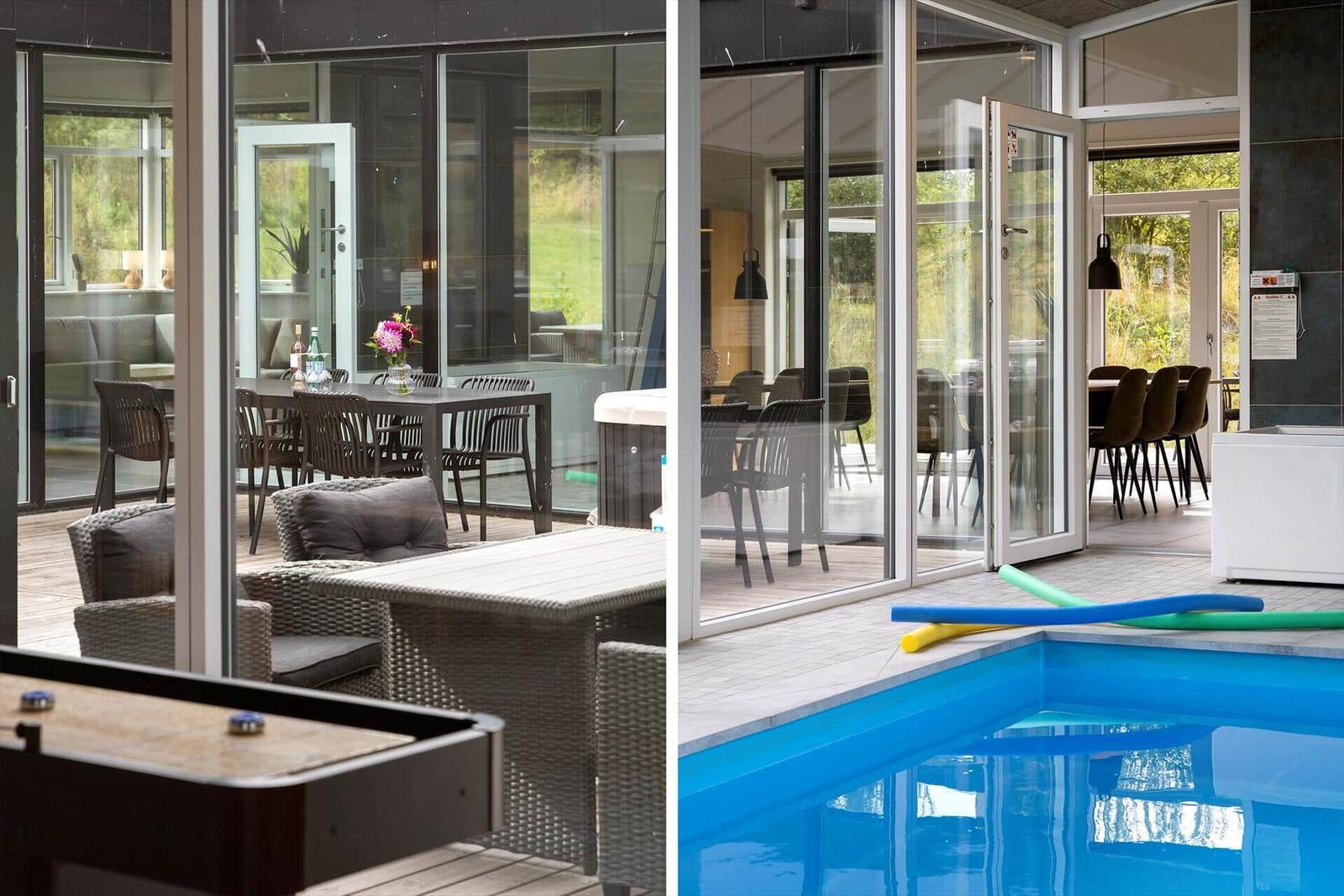 Poolbereich mit Liegemöbeln und Blick in das Haus