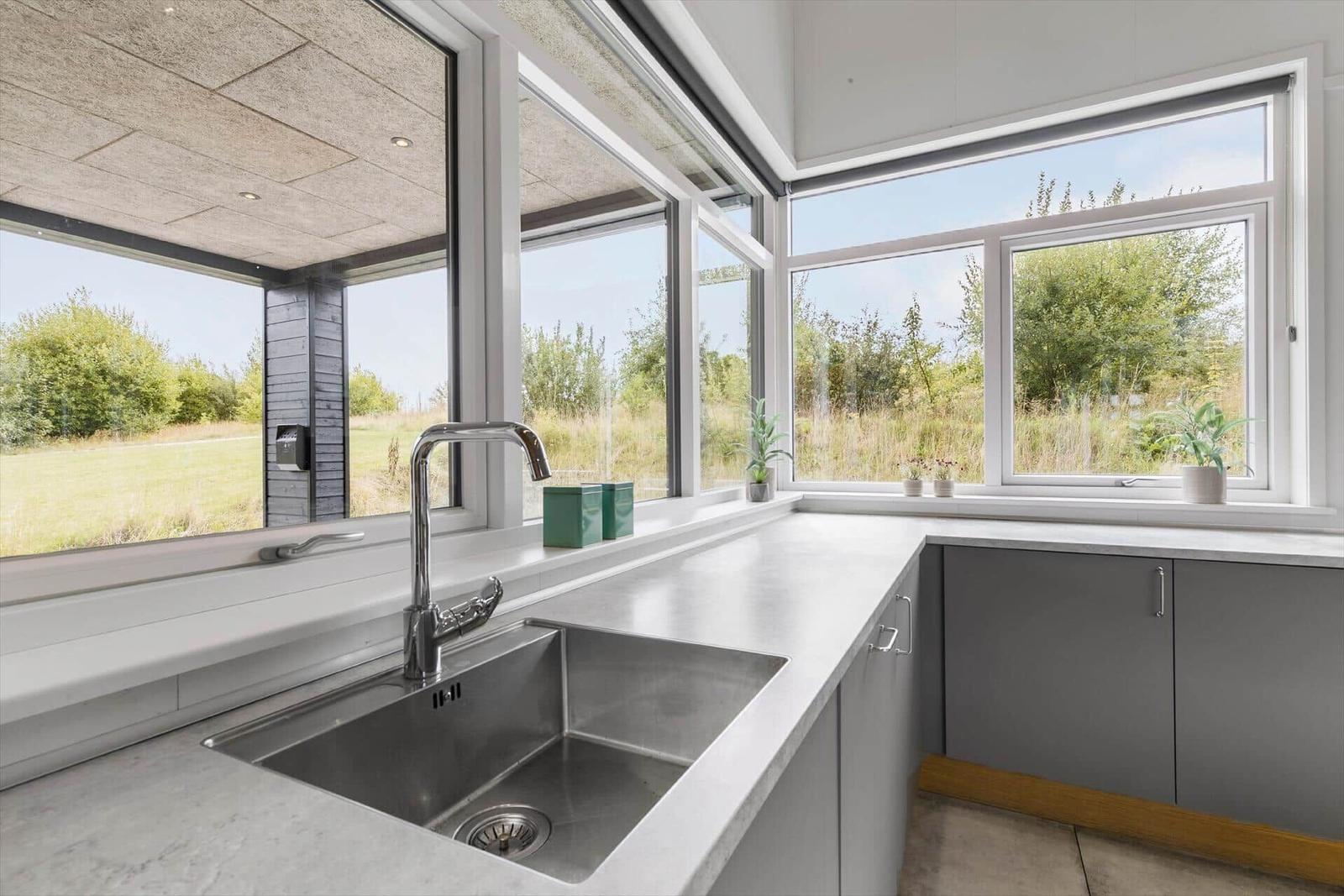 Küche mit Fensterblick auf Grünfläche und Pflanzen auf Fensterbank.