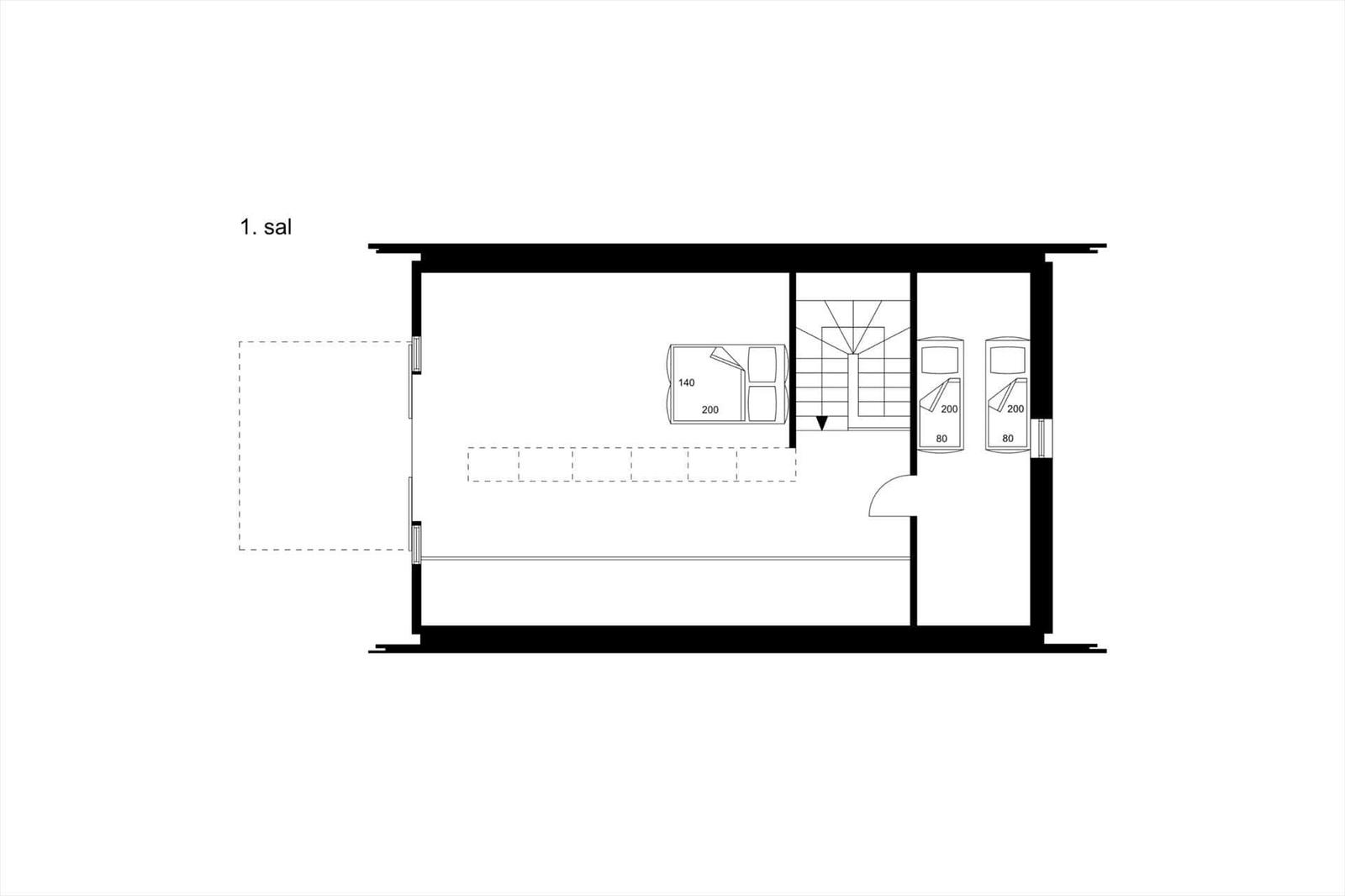 Erster Stock mit Schlafzimmer, Treppe und zwei Schlafzimmern.