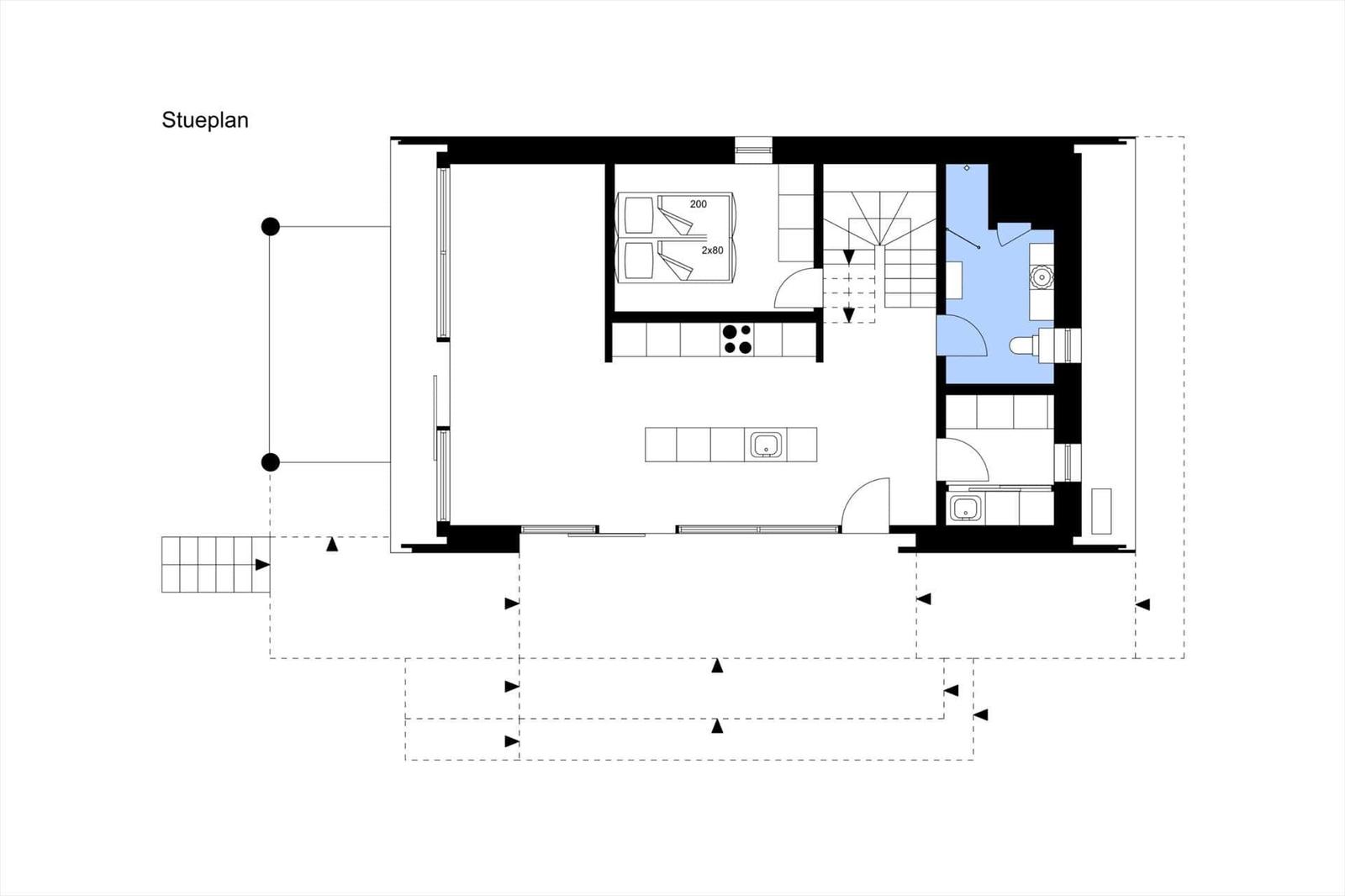 Stueplan zeigt Grundriss mit Küche, Schlafzimmer und Bad.