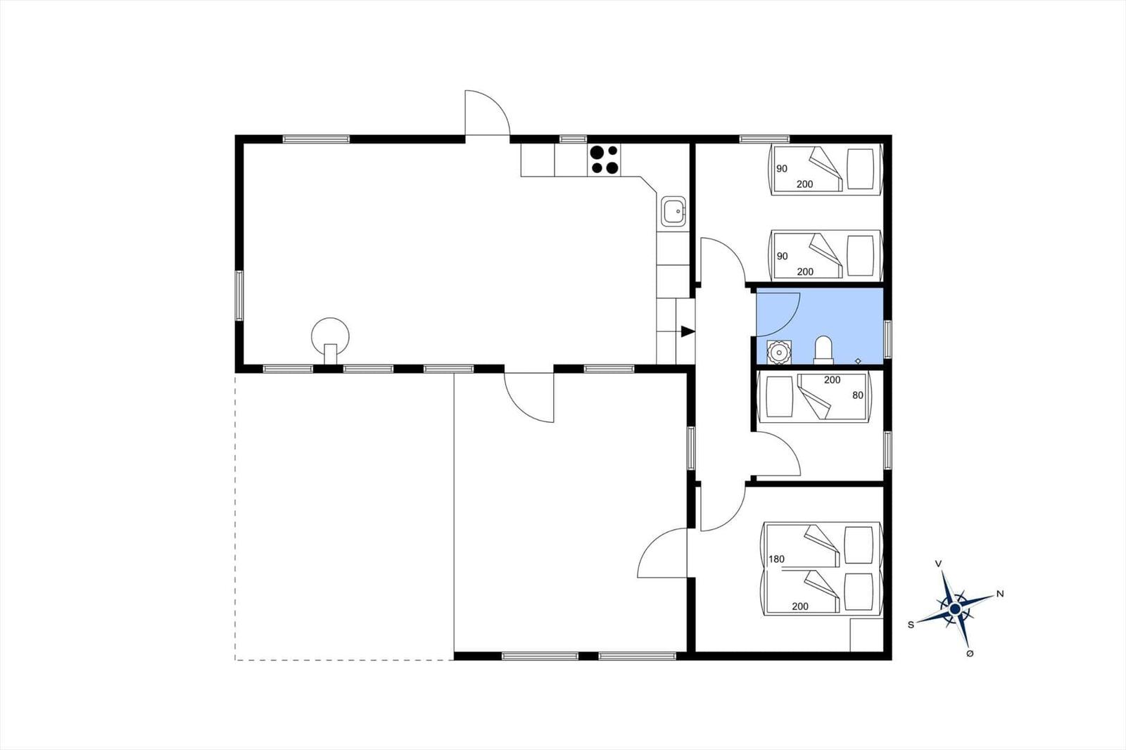 Wohnung mit Küche, Bad und drei Schlafzimmern.