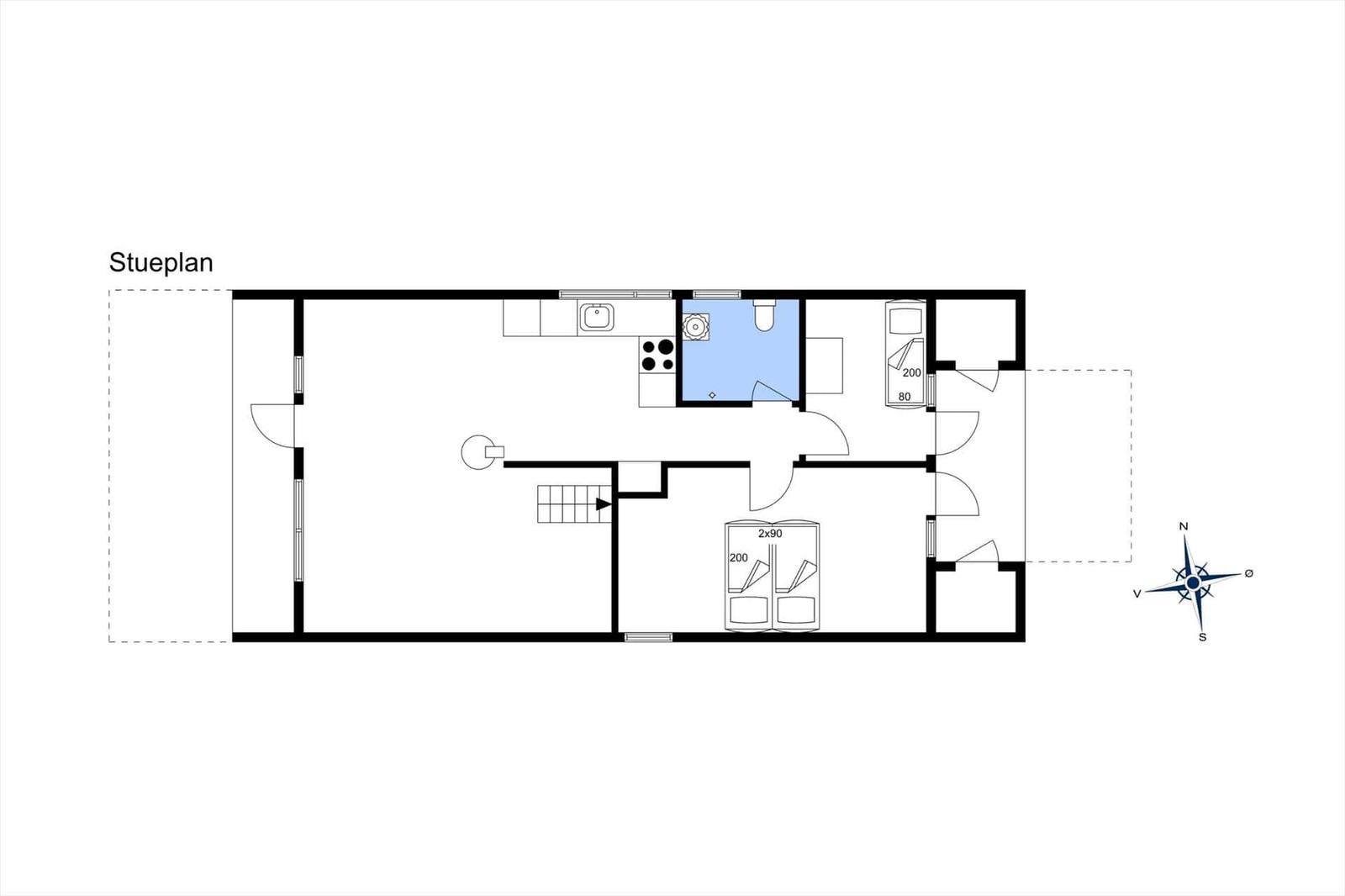 Stueplan zeigt Küche, Bad, Schlafzimmer und Wohnbereich mit Treppe.