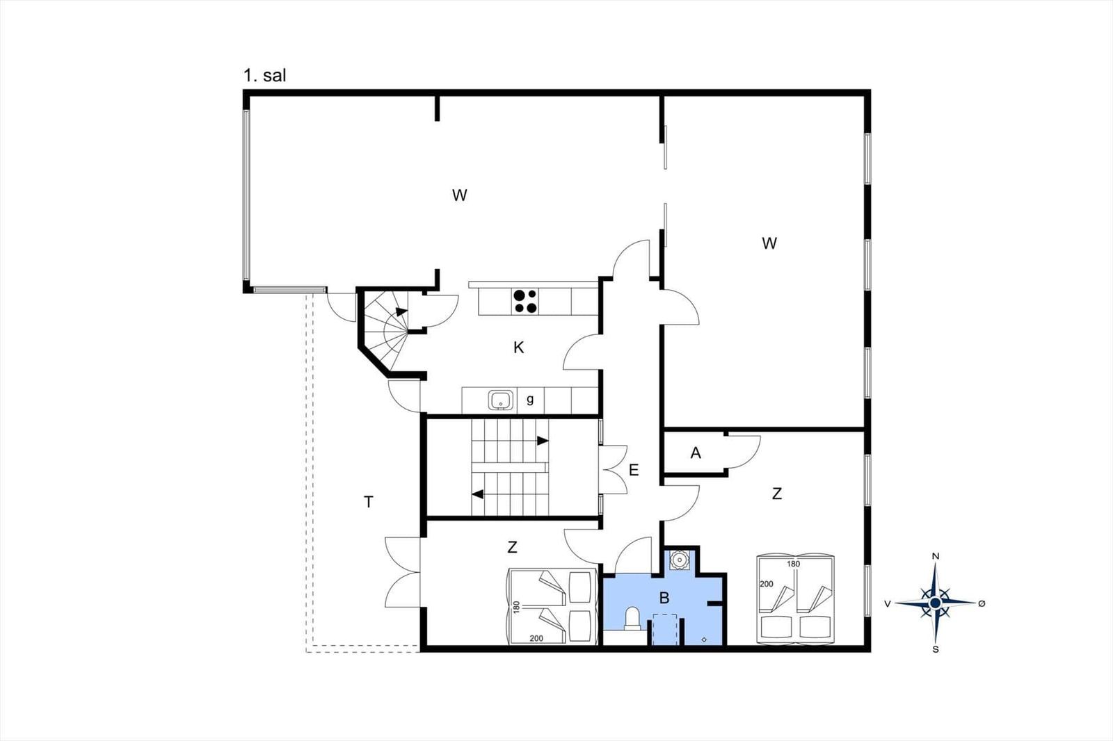 Geschossplan mit Küche, Schlafzimmer und Bad