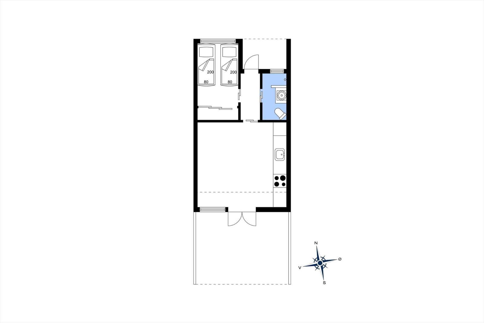 Two bedrooms, kitchen, and bathroom with shower and toilet.