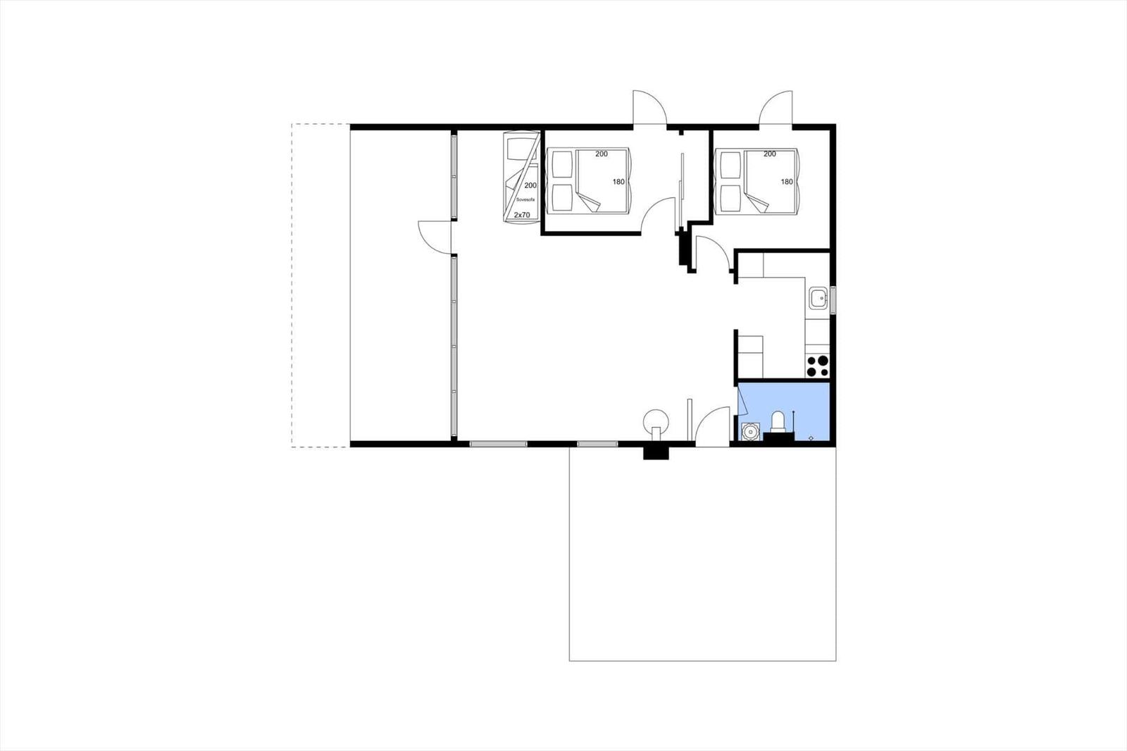 Wohnung mit zwei Schlafzimmern, Küche und Bad.