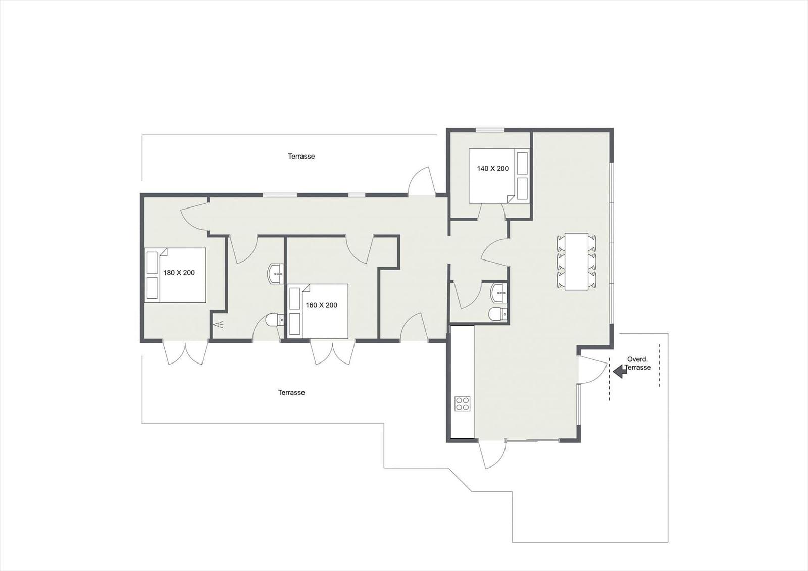 Wohnung mit drei Schlafzimmern, Küche und Terrasse. Überdachte Terrasse vorhanden.