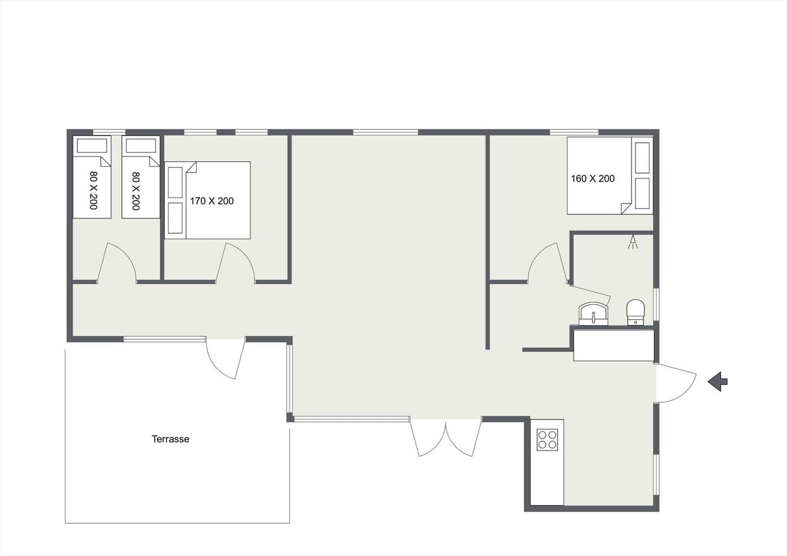 Apartment with three bedrooms, kitchen, and terrace. Bathroom with shower.