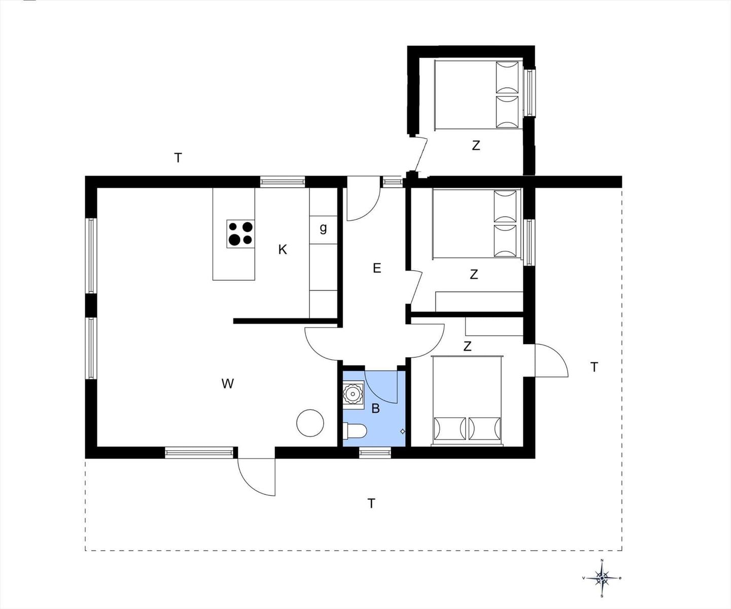 Wohnung mit Küche, Wohnbereich, drei Schlafzimmern und Bad.