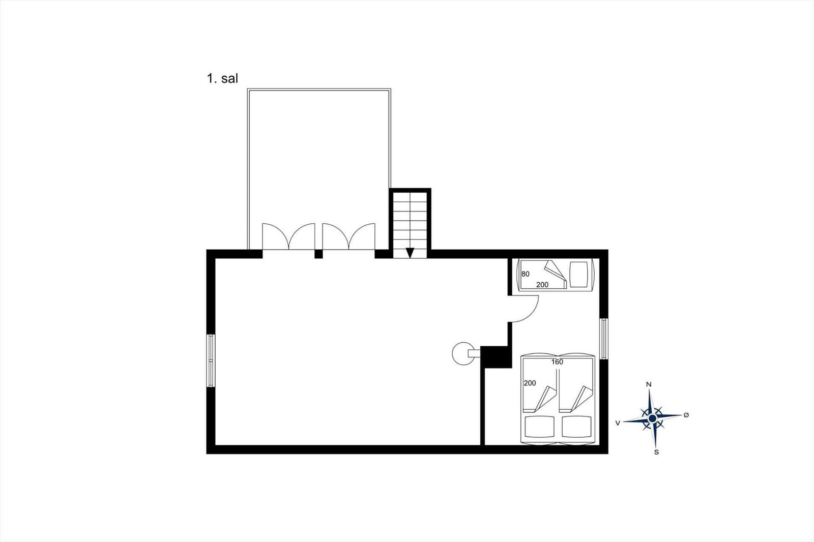 Einfach eingerichteter Wohnraum mit Schlafzimmer und Bad. Die Anordnung ist klar und funktional.