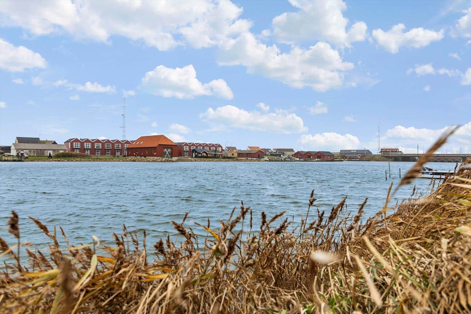 Rote Häuser am Wasser unter blauem Himmel mit Wolken.