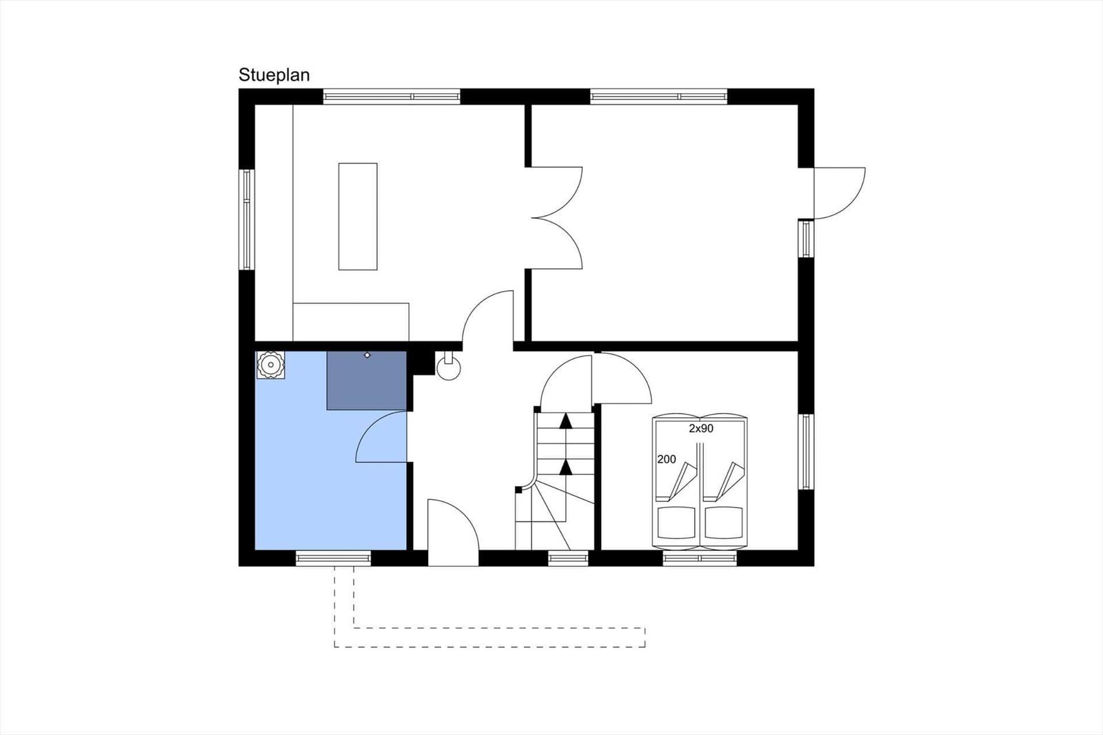 Stueplan zeigt Wohnfläche, Küche, Bad und Treppenhaus mit Aufgang.