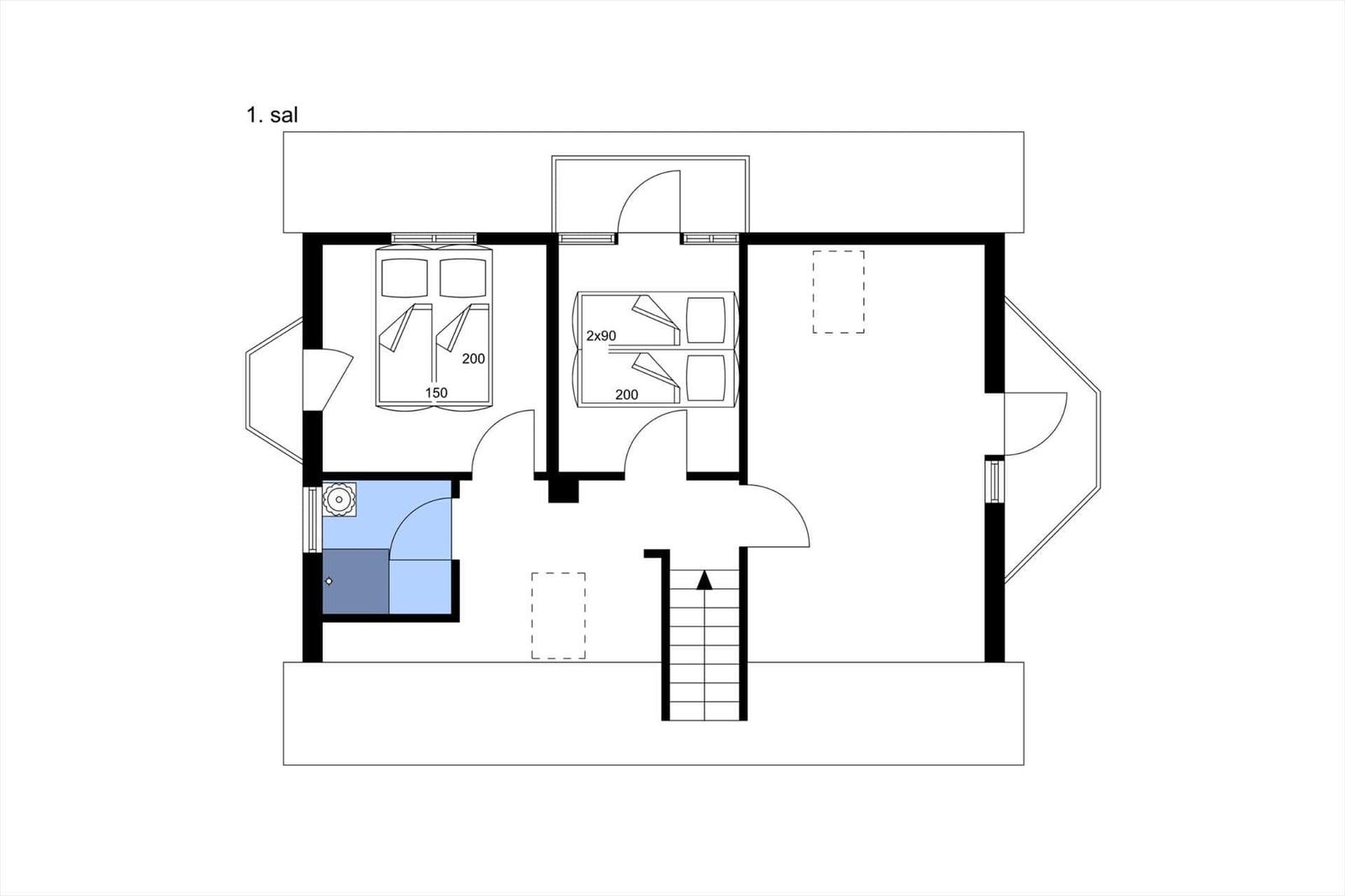 Erster Stock mit Schlafzimmer und Bad. Treppenhaus führt zur nächsten Etage.