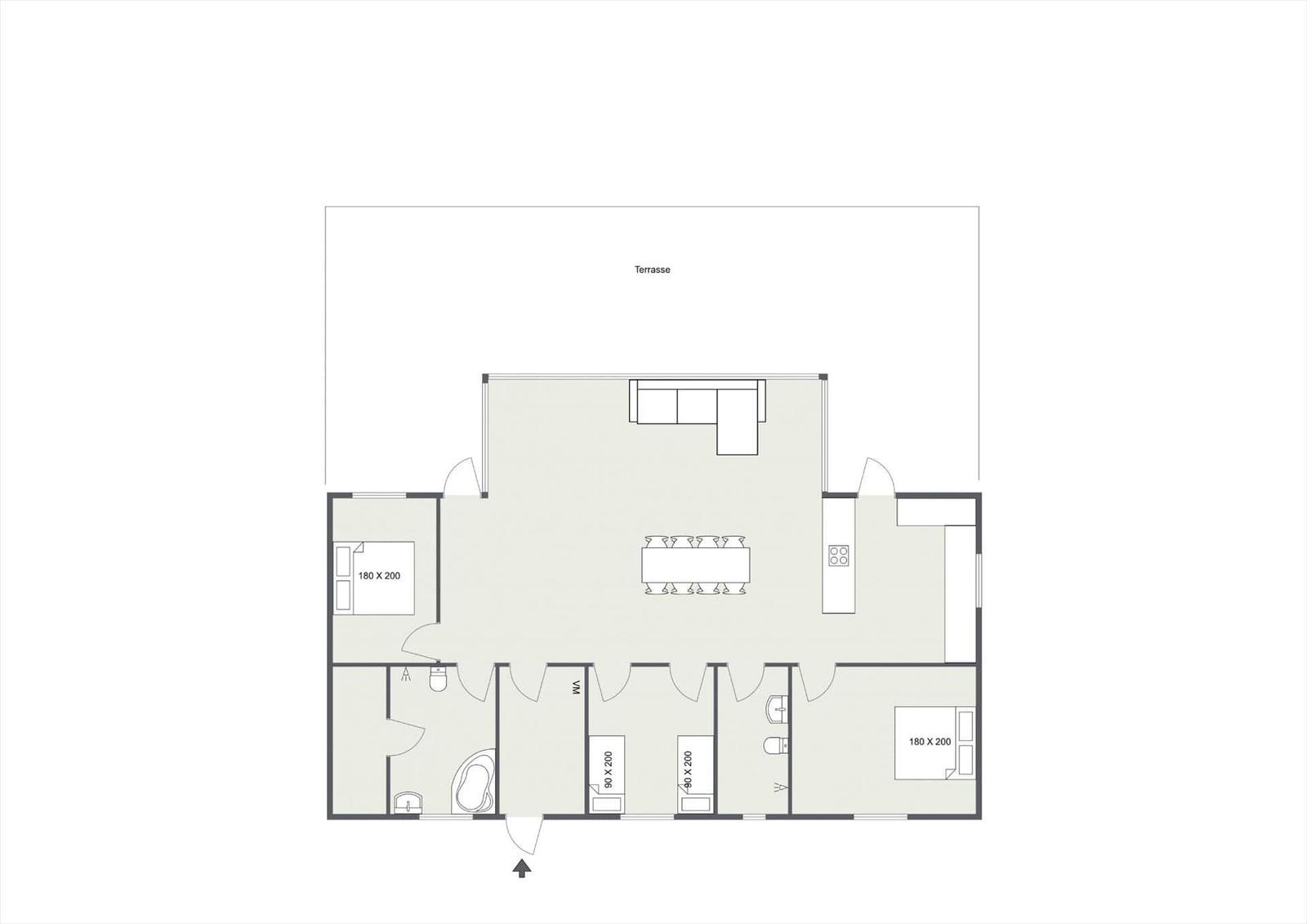 Apartment with terrace, kitchen, dining area, and two bedrooms