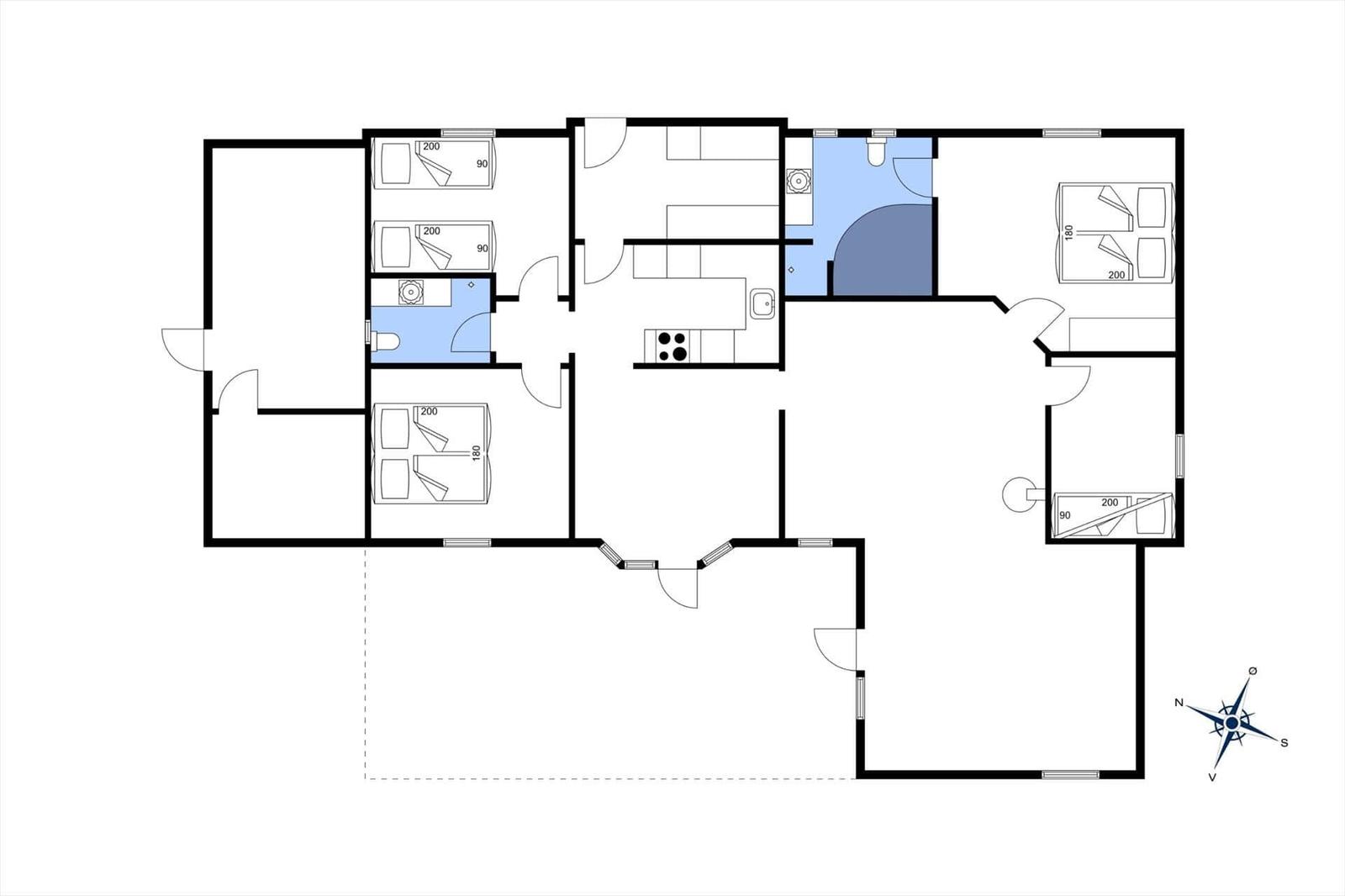 Grundriss einer Wohnung mit Küche, Bad und mehreren Schlafzimmern.