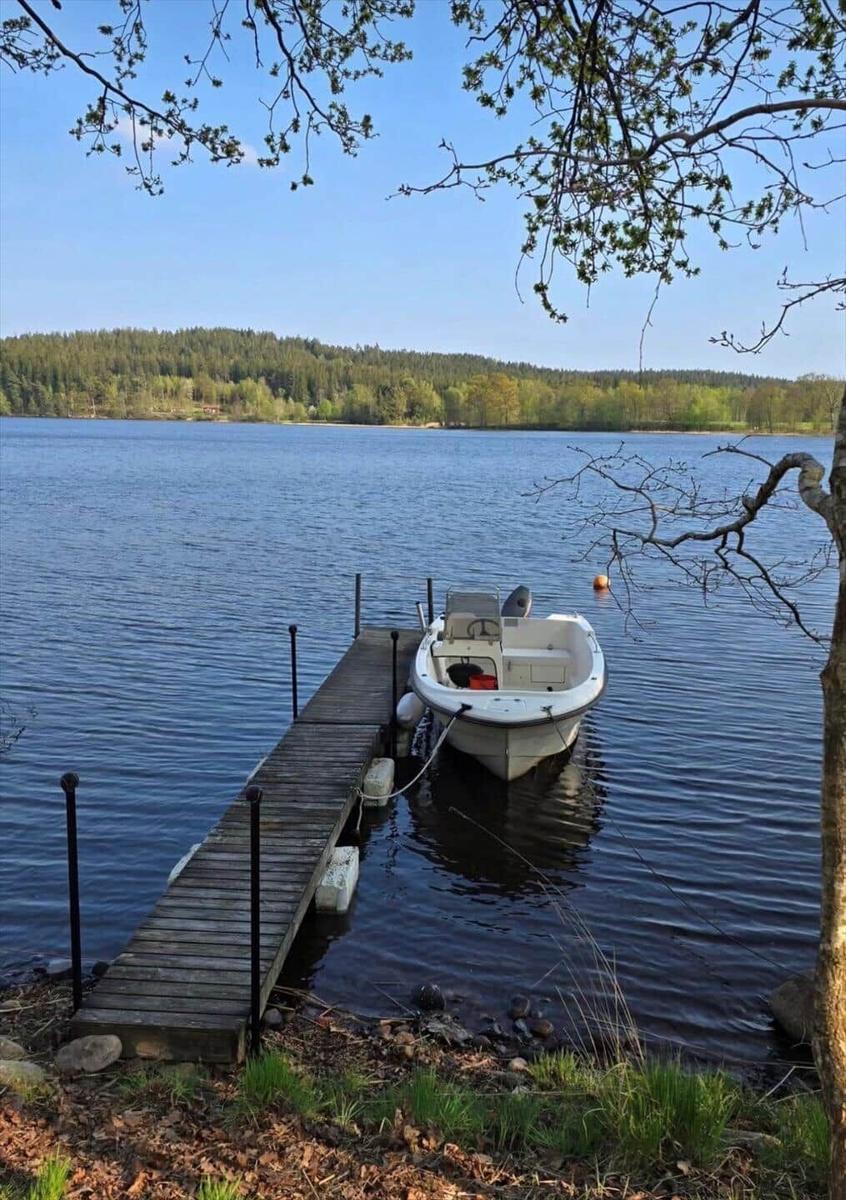 Ein weißes Boot liegt an einem Holzsteg am See. Im Hintergrund sind Bäume und ein klarer Himmel zu sehen.