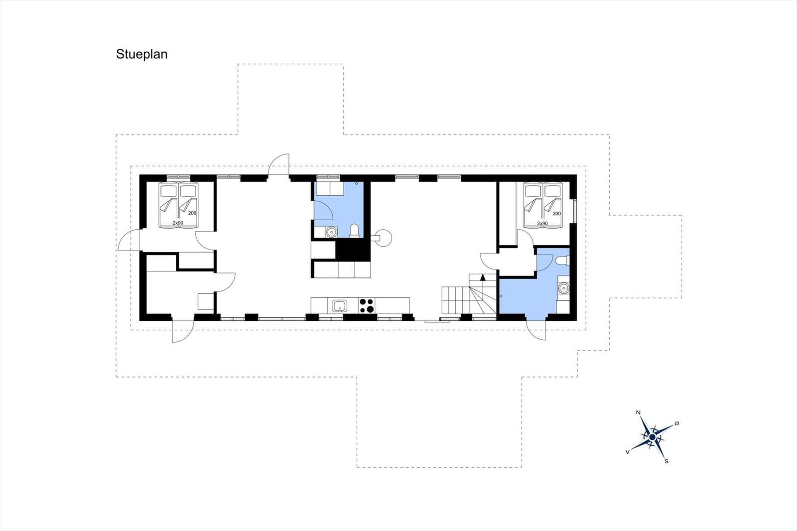 Stueplan zeigt zwei Schlafzimmer, Küche, Bad und Treppenhaus.
