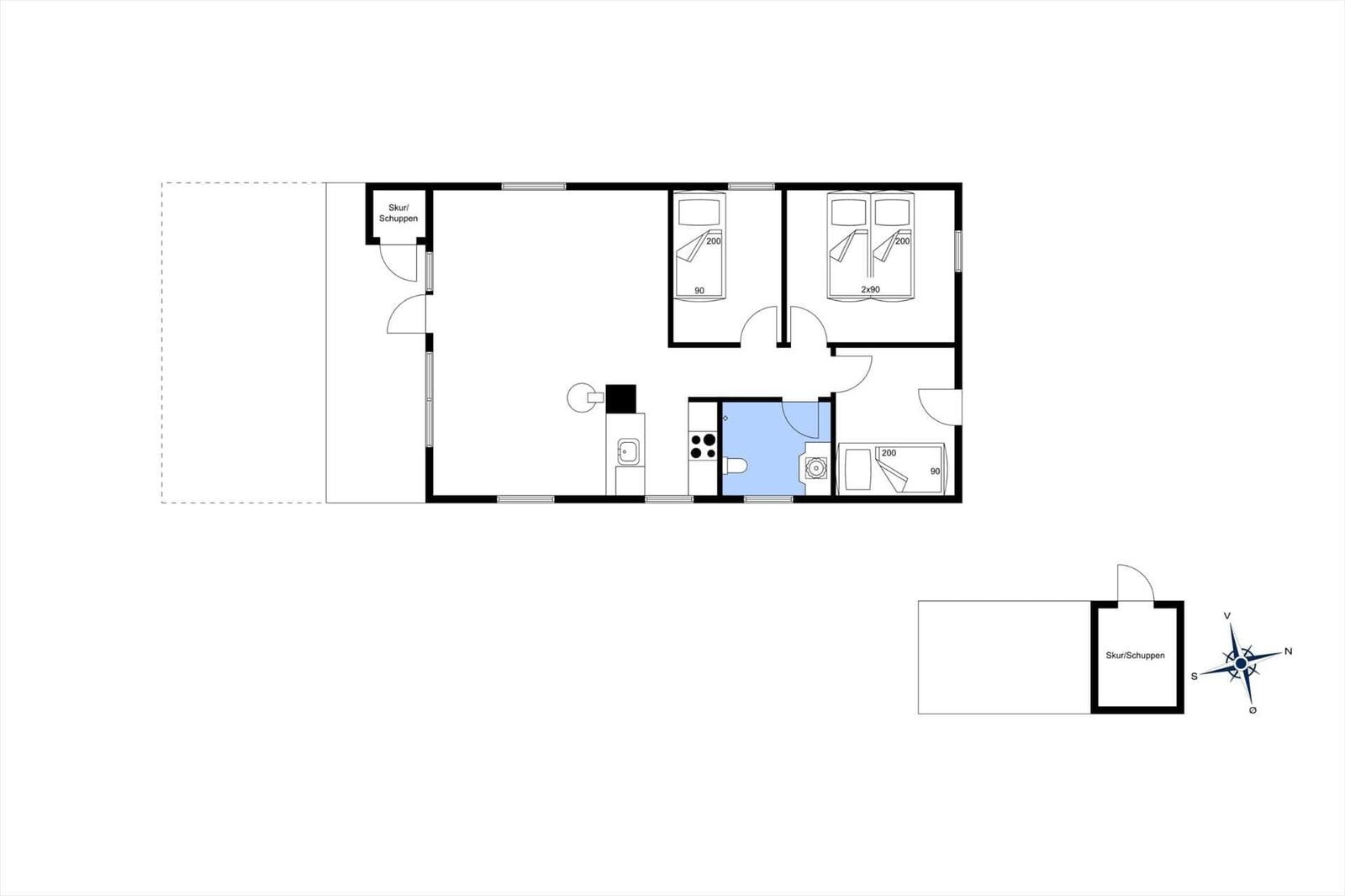 Wohnung mit zwei Schlafzimmern, Küche und Bad. Außenbereich mit Schuppen.
