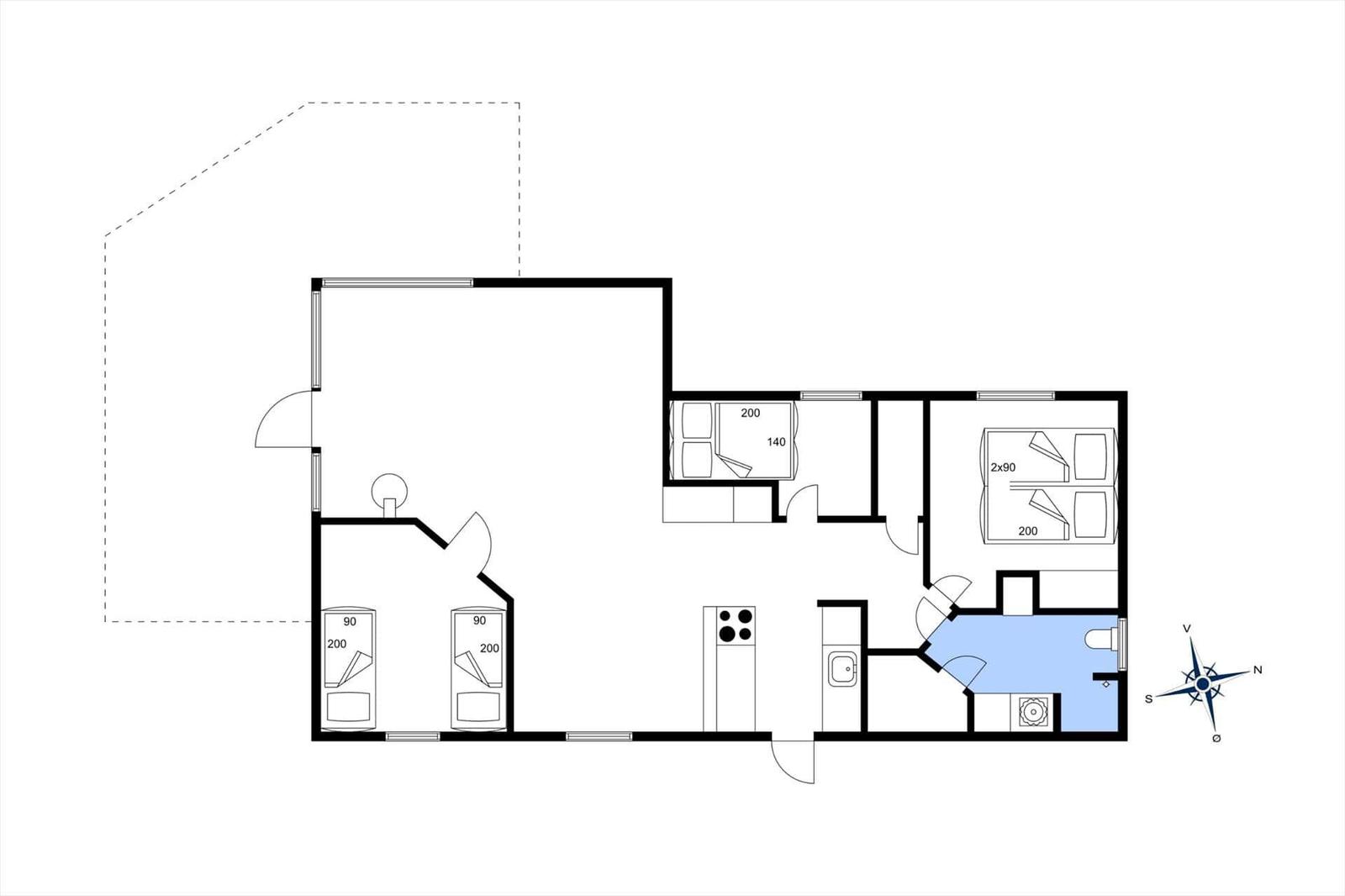 Wohnung mit drei Schlafzimmern, Küche und Bad. Grundriss mit Raumbezeichnungen.